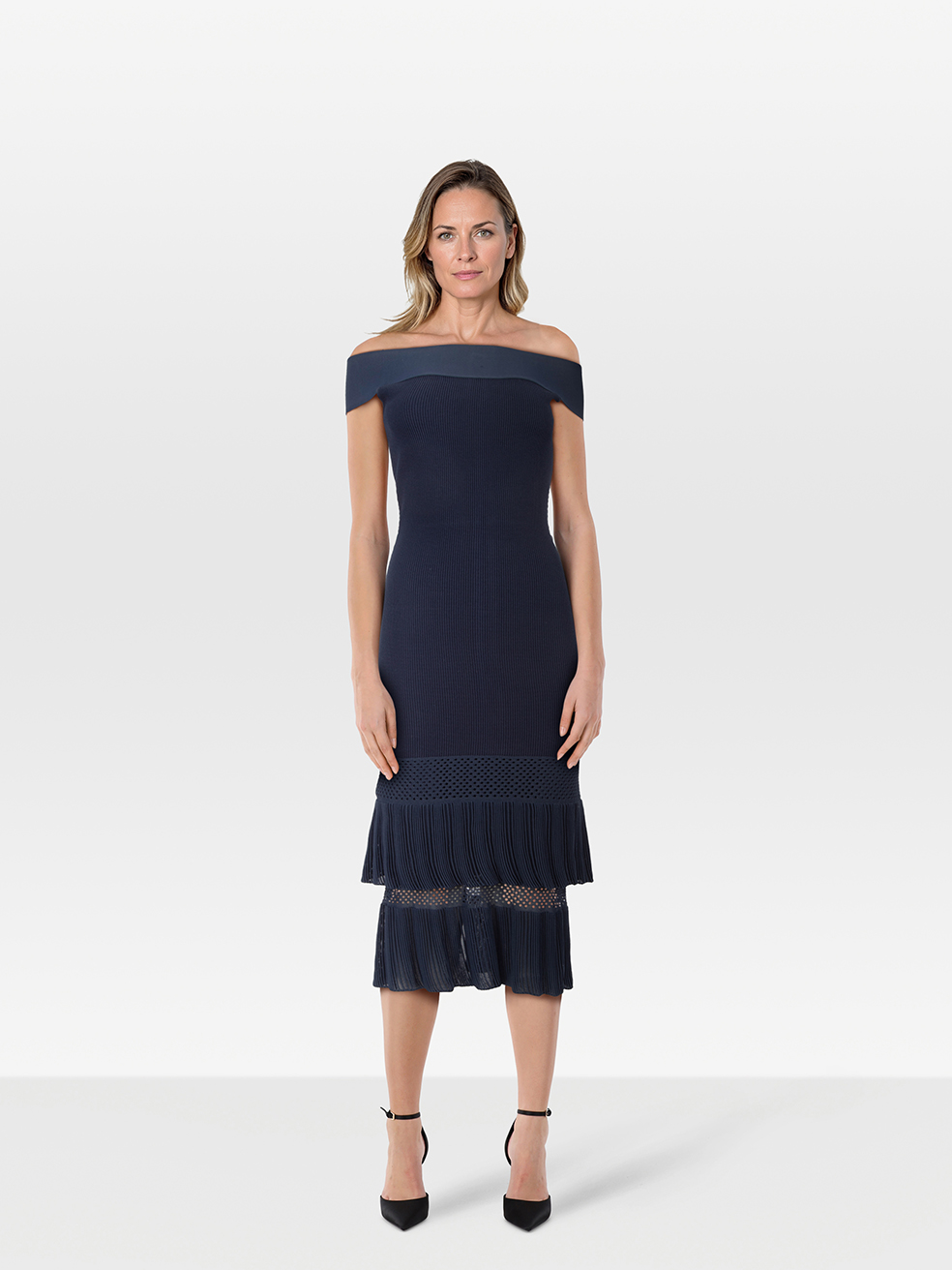 Roland Mouret Pre-Owned Navy Off Shoulder Ribbed Tiered Dress