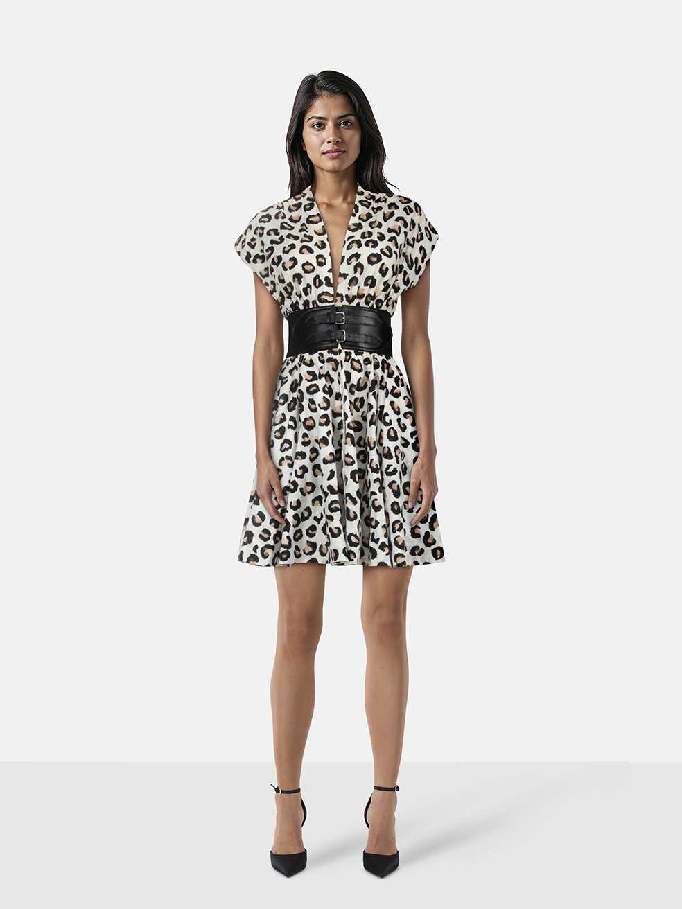 Ala�a Leopard Print Belted Knee Length Dress