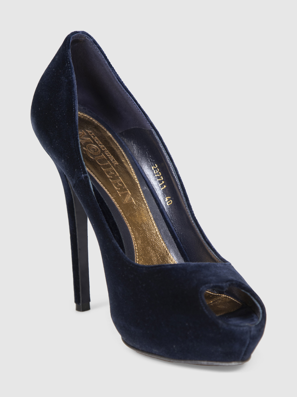 Alexander McQueen Navy Velvet Peep Toe Heels