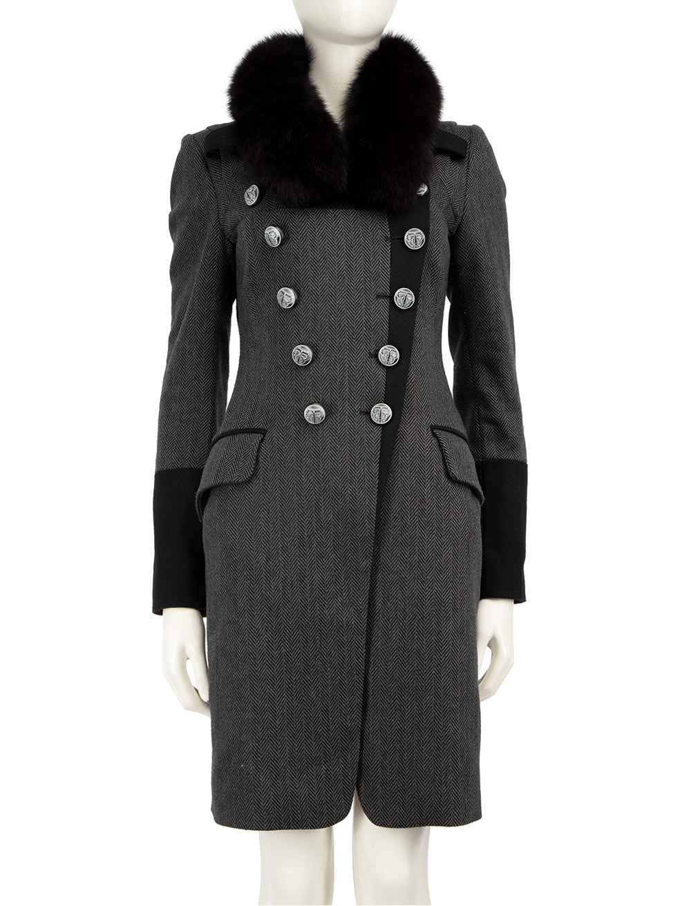 Pinko Pre-Owned Grey Wool Fox Fur Trim Coat