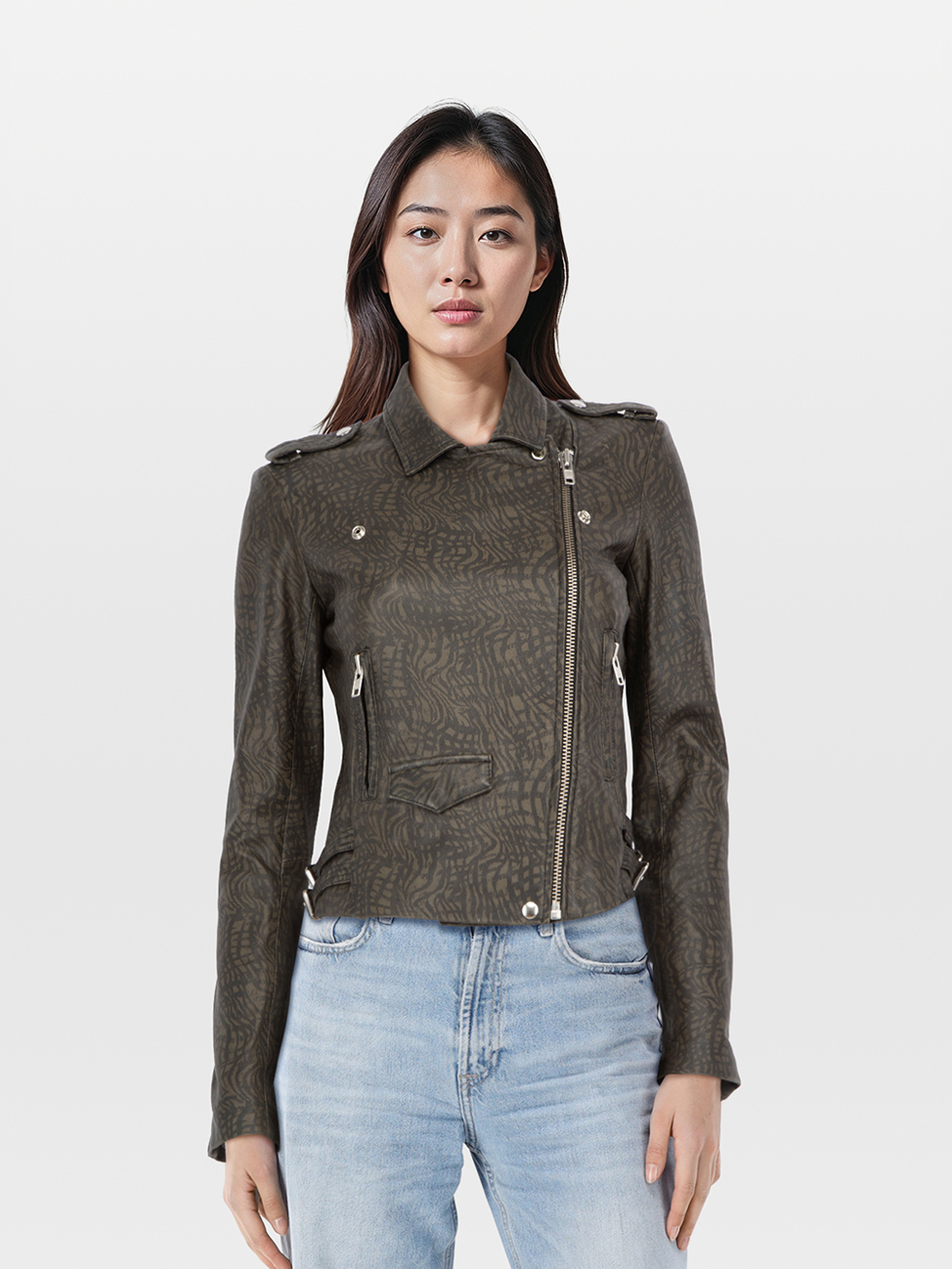 Iro Pre-Owned Green Abstract Print Leather Biker Jacket