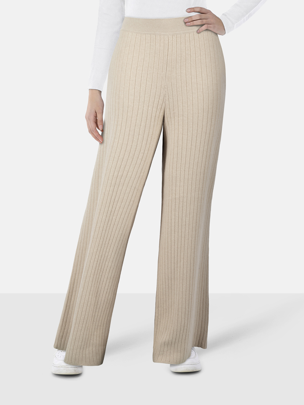 Loro Piana Women's Beige Cashmere Knit Wide Leg Trousers