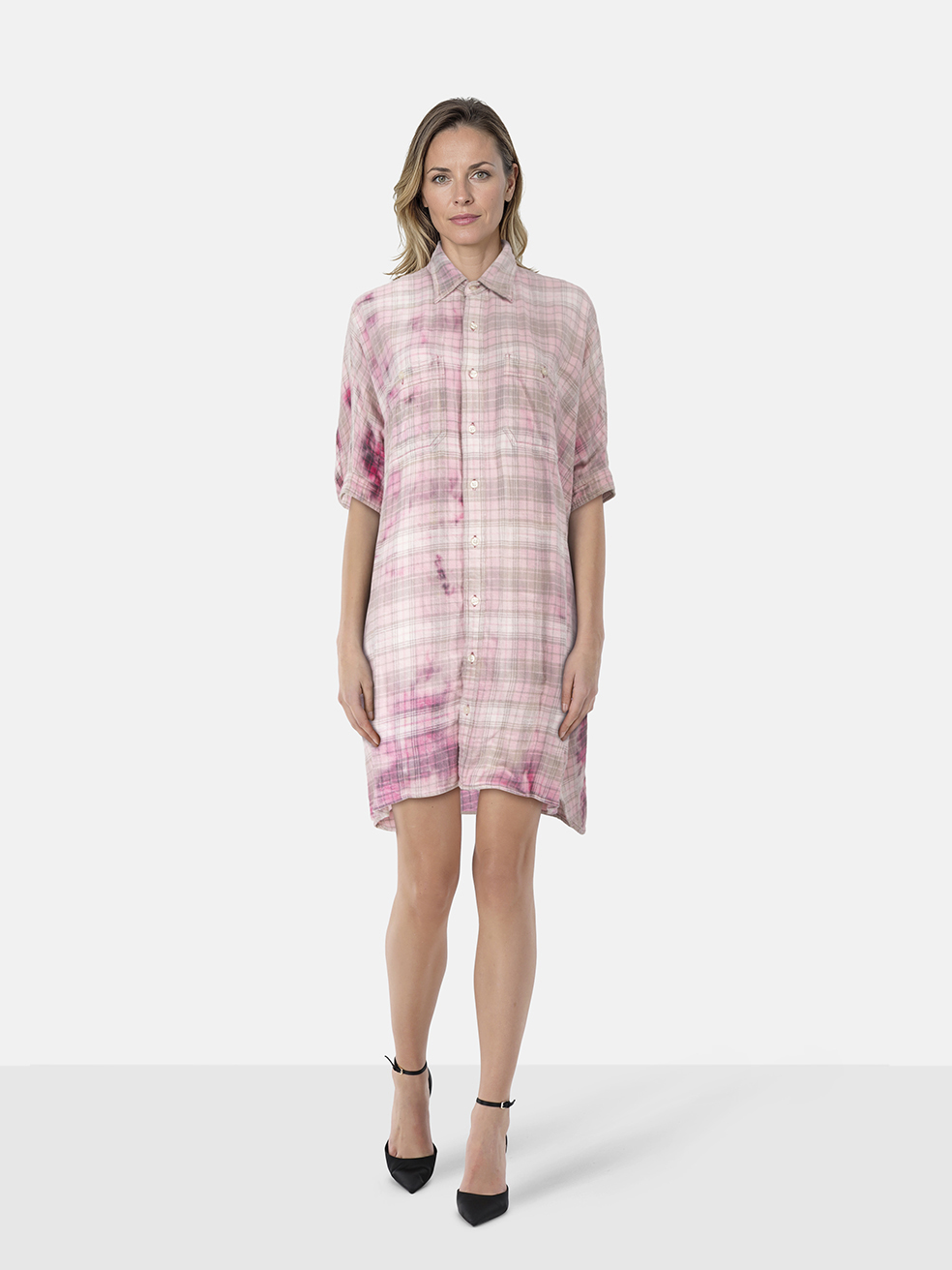 R13 Pink & Grey Plaid Oversized Boxy Shirtdress