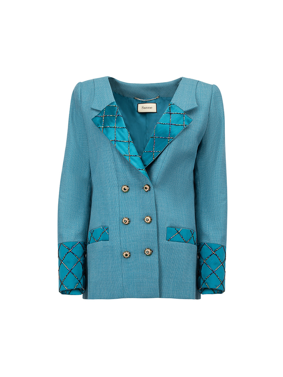 Sanne Pre-Owned Teal Check Beaded Double Breasted Blazer