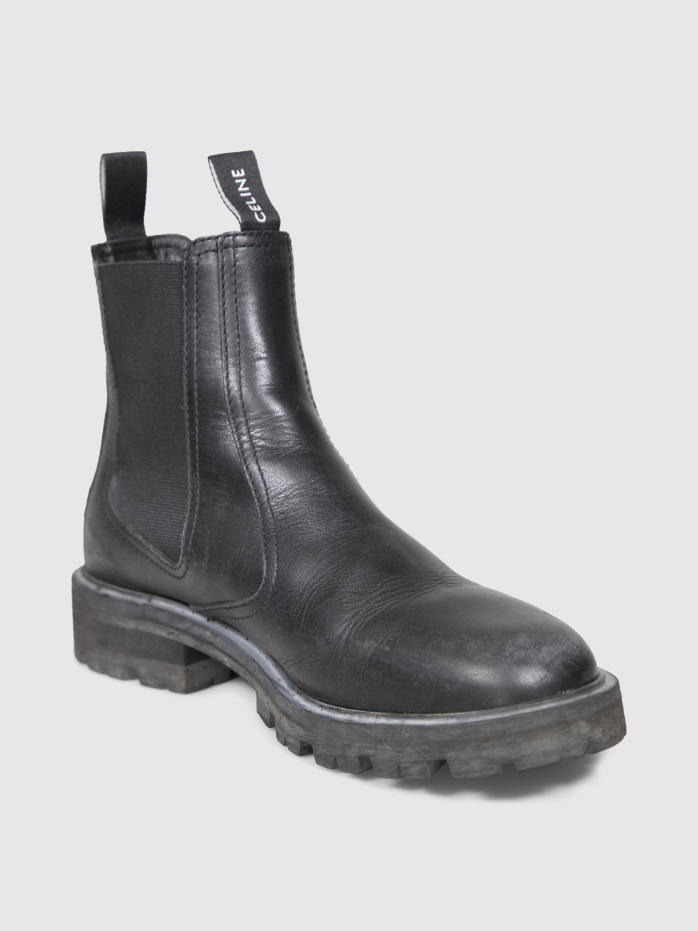 C�line Black Leather Chelsea Logo Tab Boots