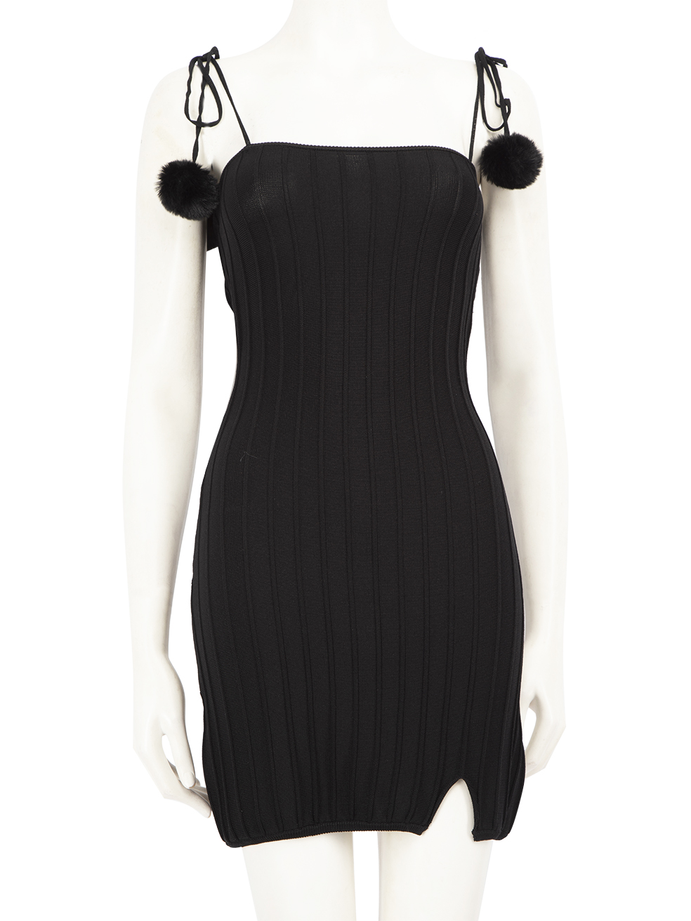 For Love & Lemons Black Knit Pompom Strap Dress