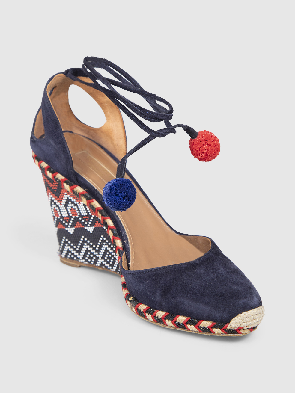 Aquazzura Navy Suede Ankle Tie Woven Wedges