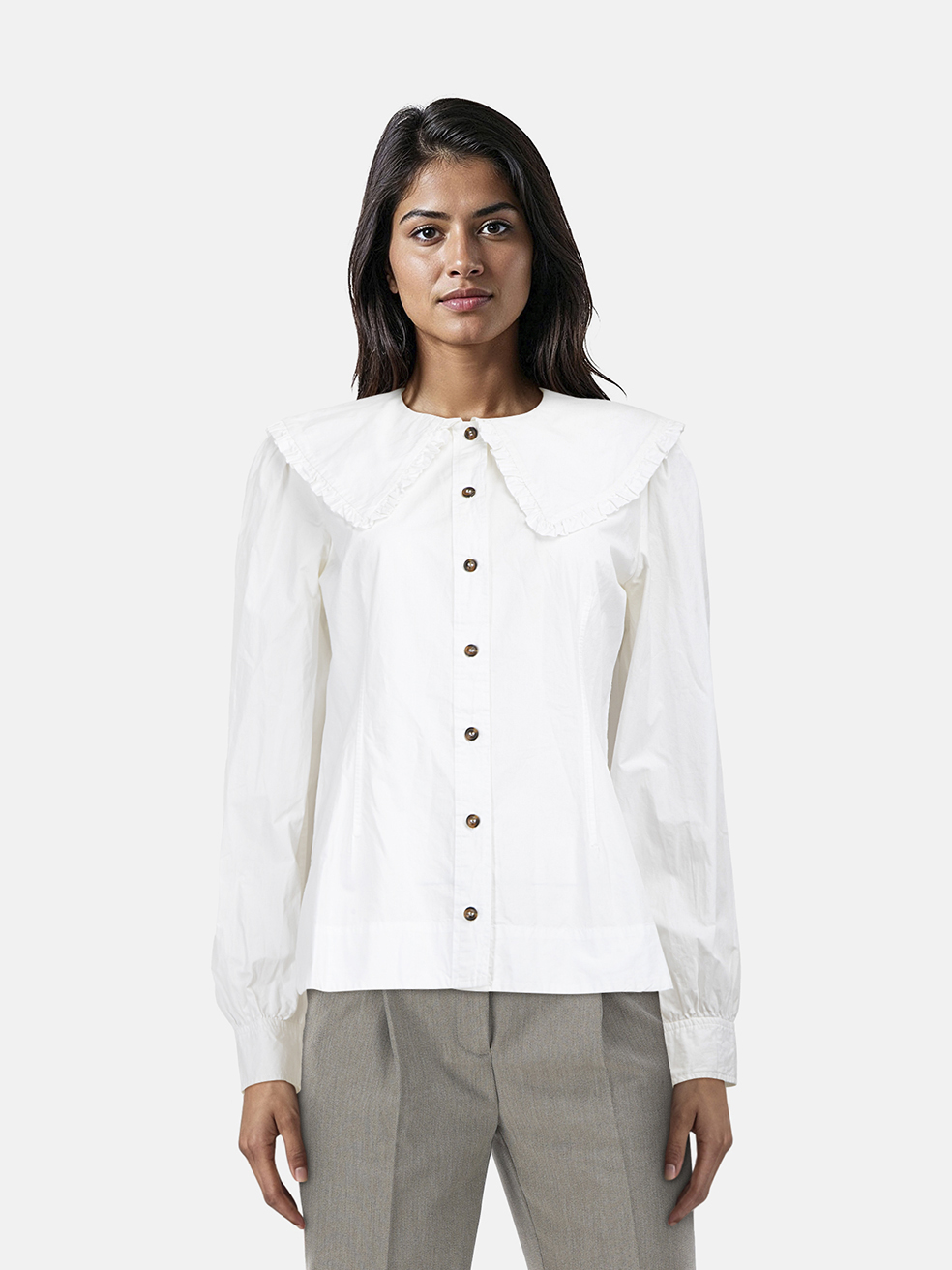Ganni White Frilly Collar Blouse