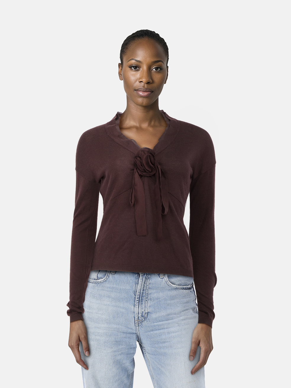 Valentino Garavani Burgundy Wool Floral Detail Top