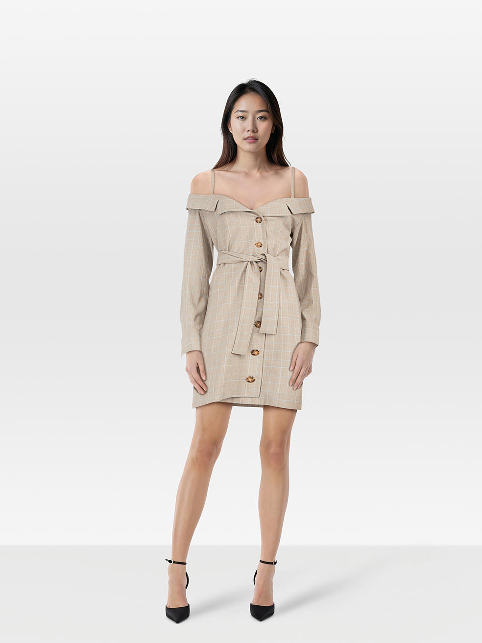 Maje Pre-Owned Grey Check Button Down Off Shoulder Dress