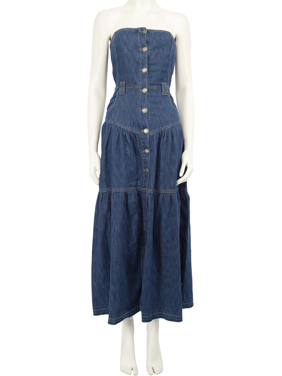 Pinko Pre-Owned Blue Denim Strapless Tiered Maxi Dress