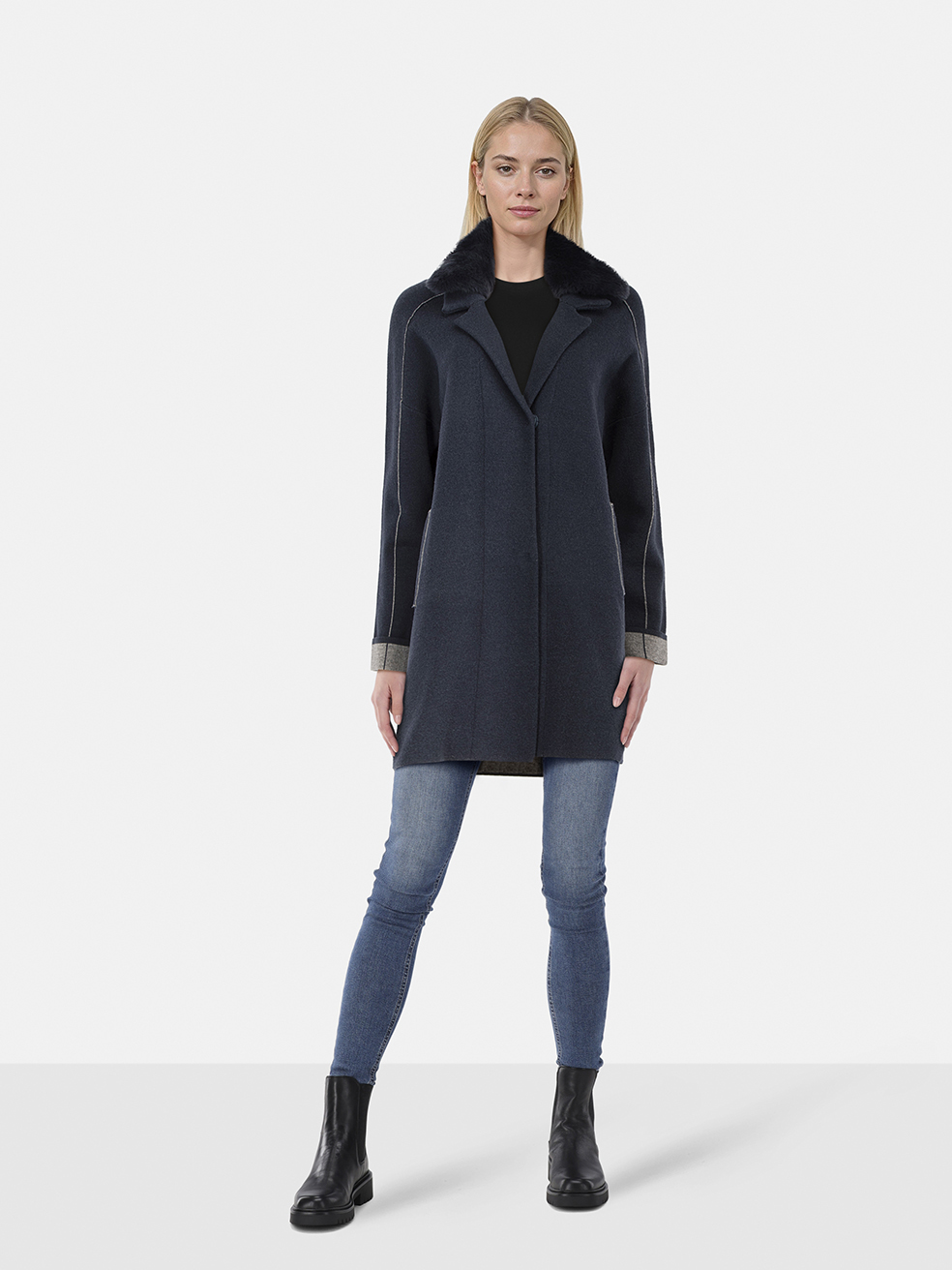 Max & Moi Navy Wool Rabbit Collar Coat