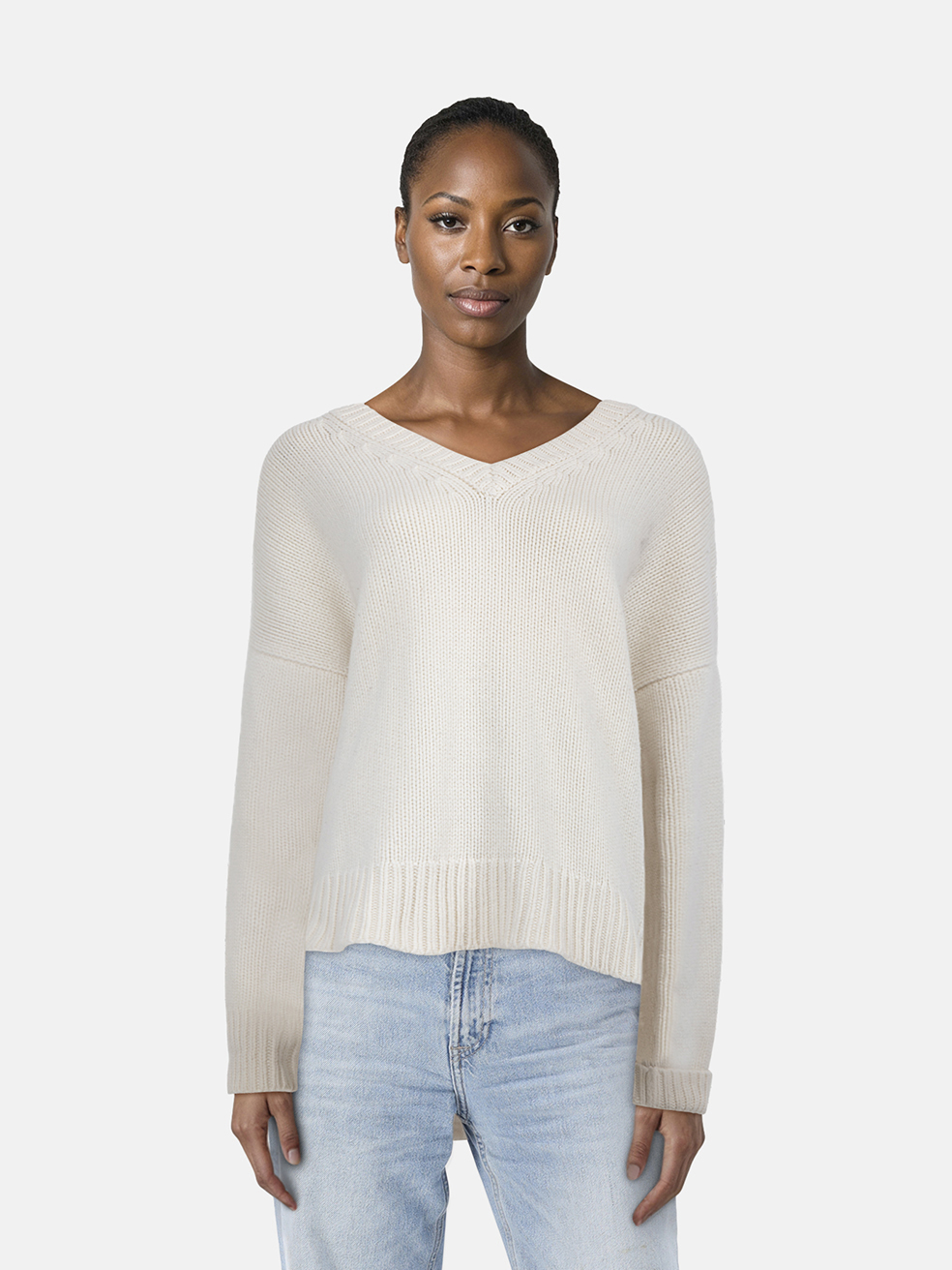 The Row White Merino Wool V-Neck Knit Jumper