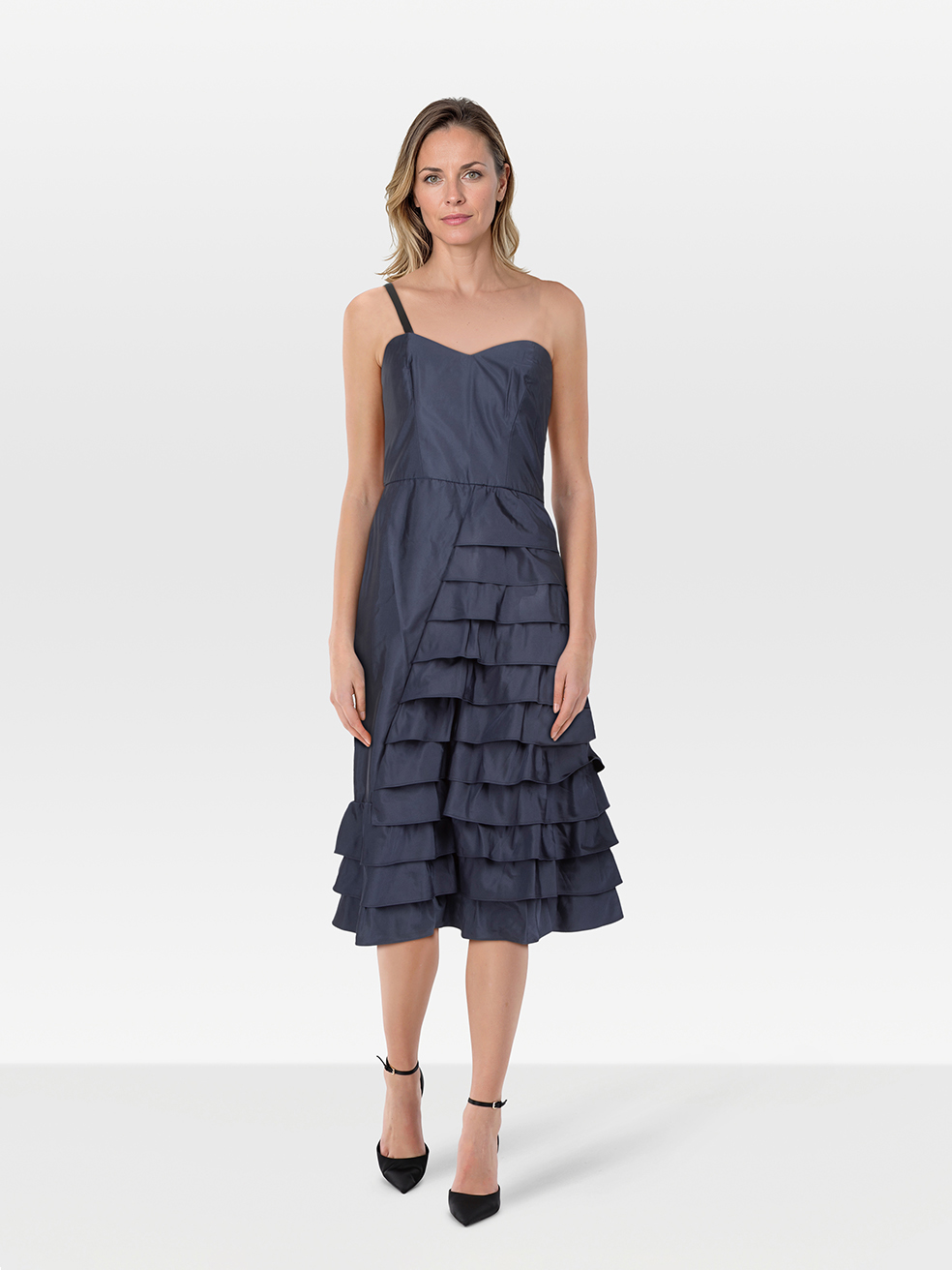 Moschino Navy Silk Ruffle Layered Midi Dress