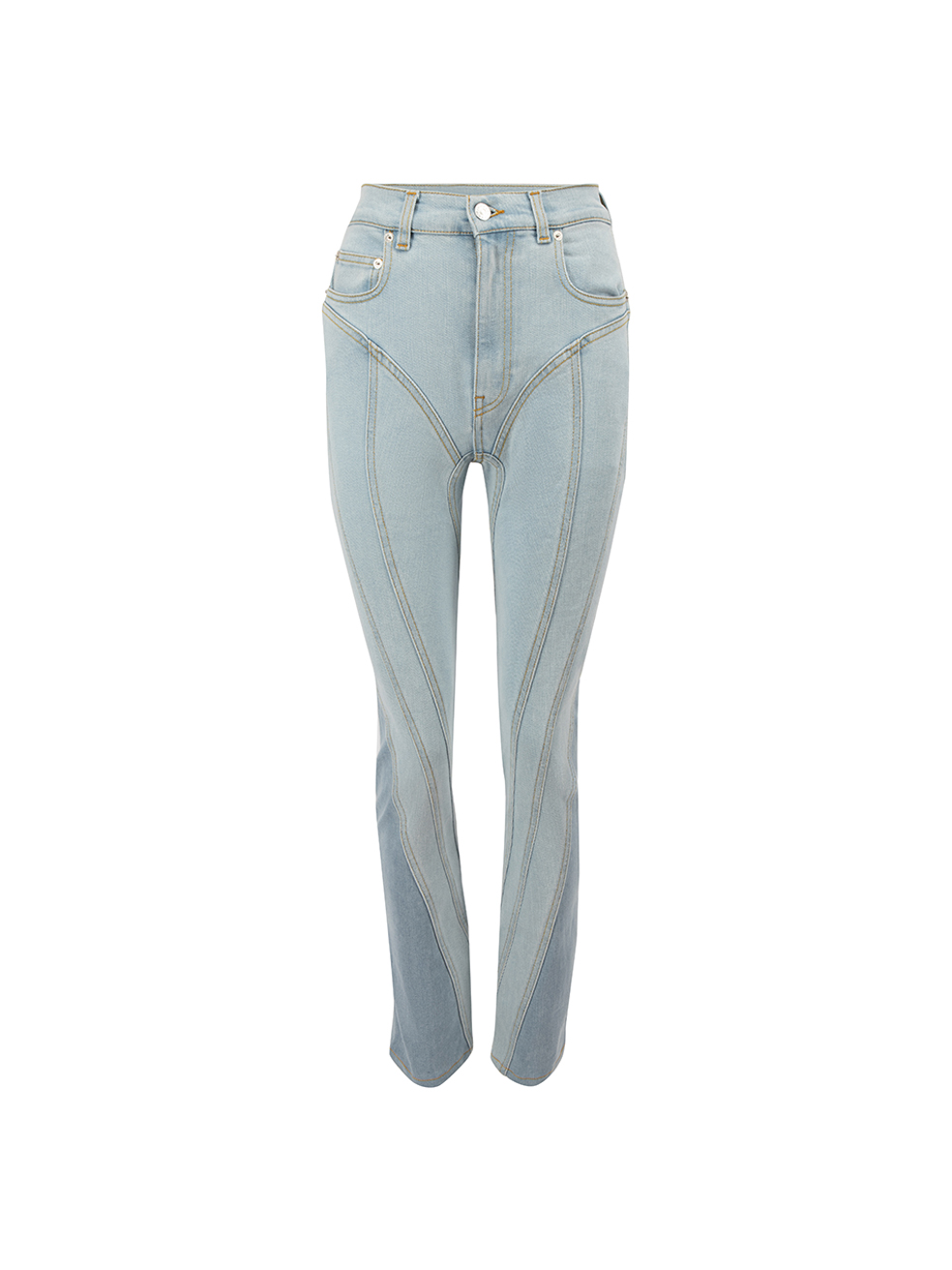 Mugler Pre-Owned Light Blue Denim Spiral Panelled High Rise Jeans