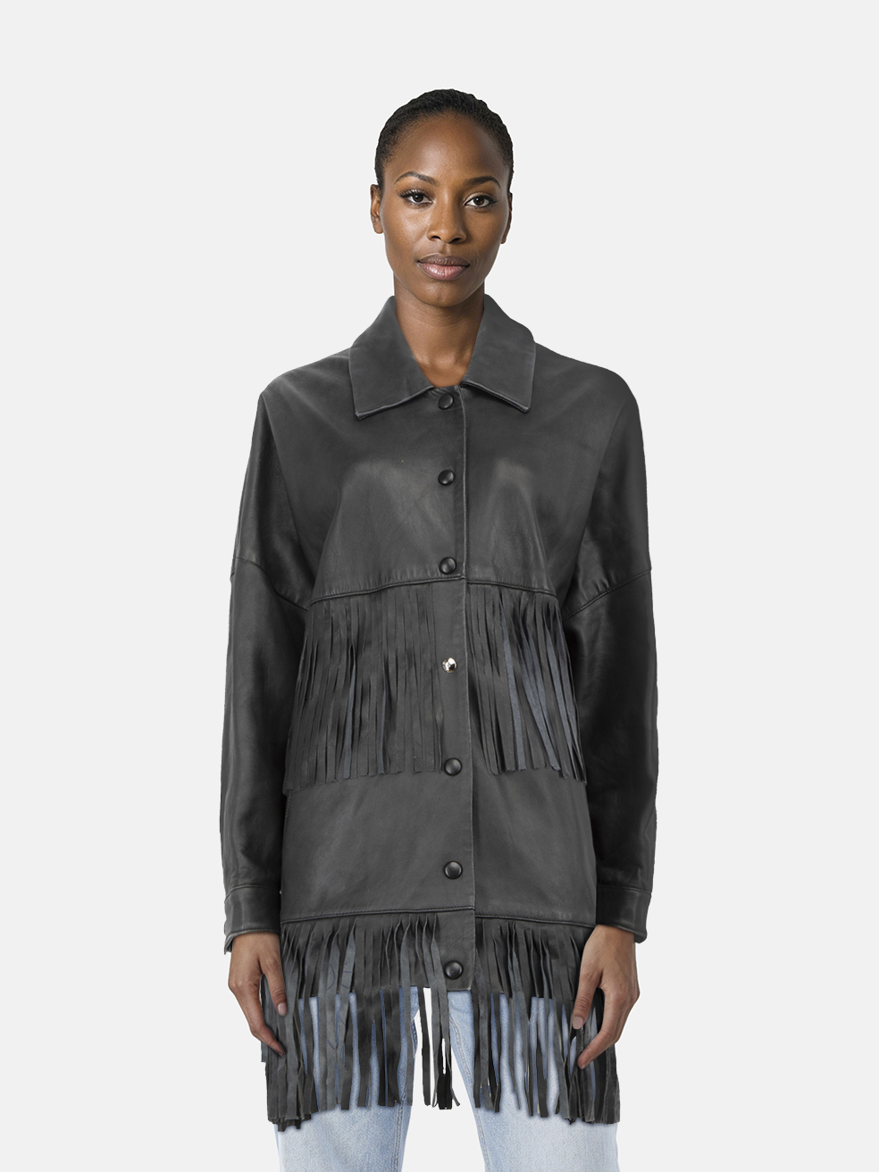 Barneys Originals Black Leather Fringed Jacket