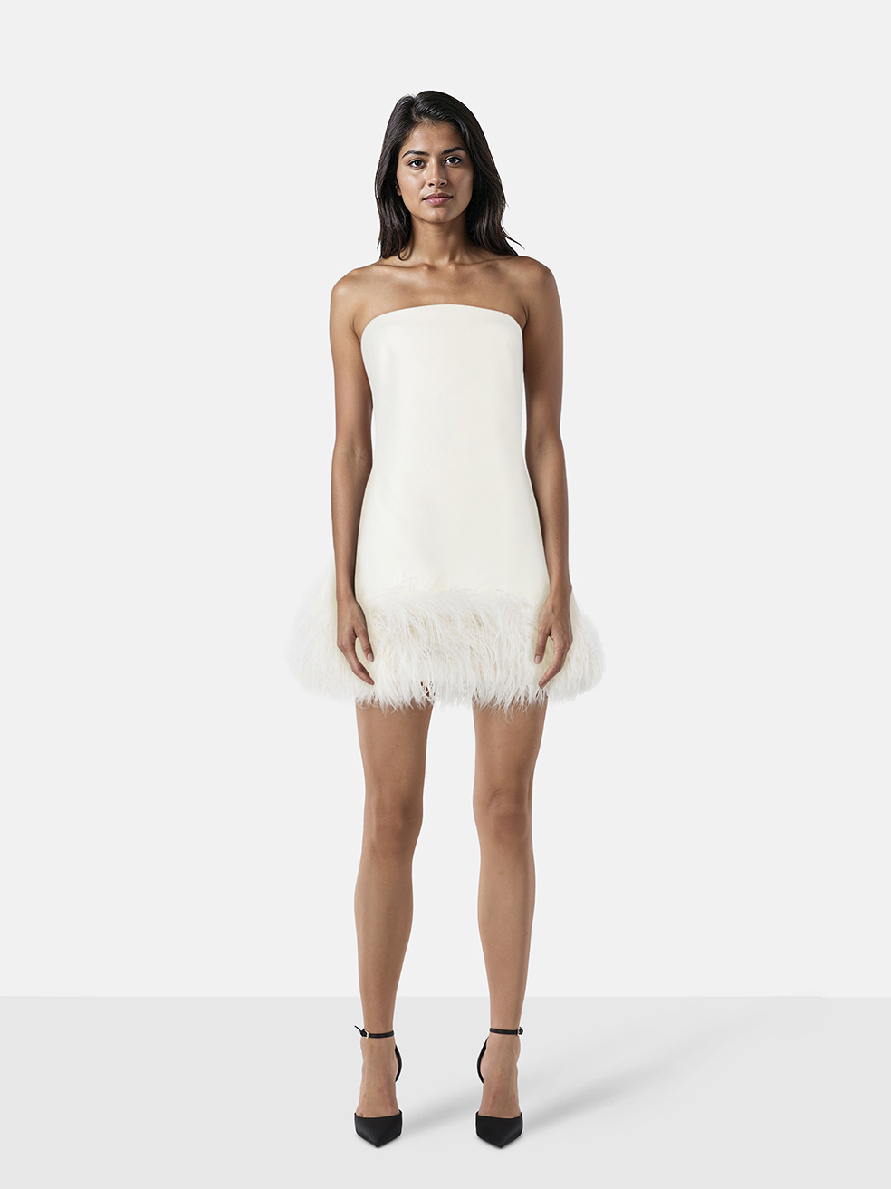 Safiyaa Ecru Ostrich Feather Trim Dress