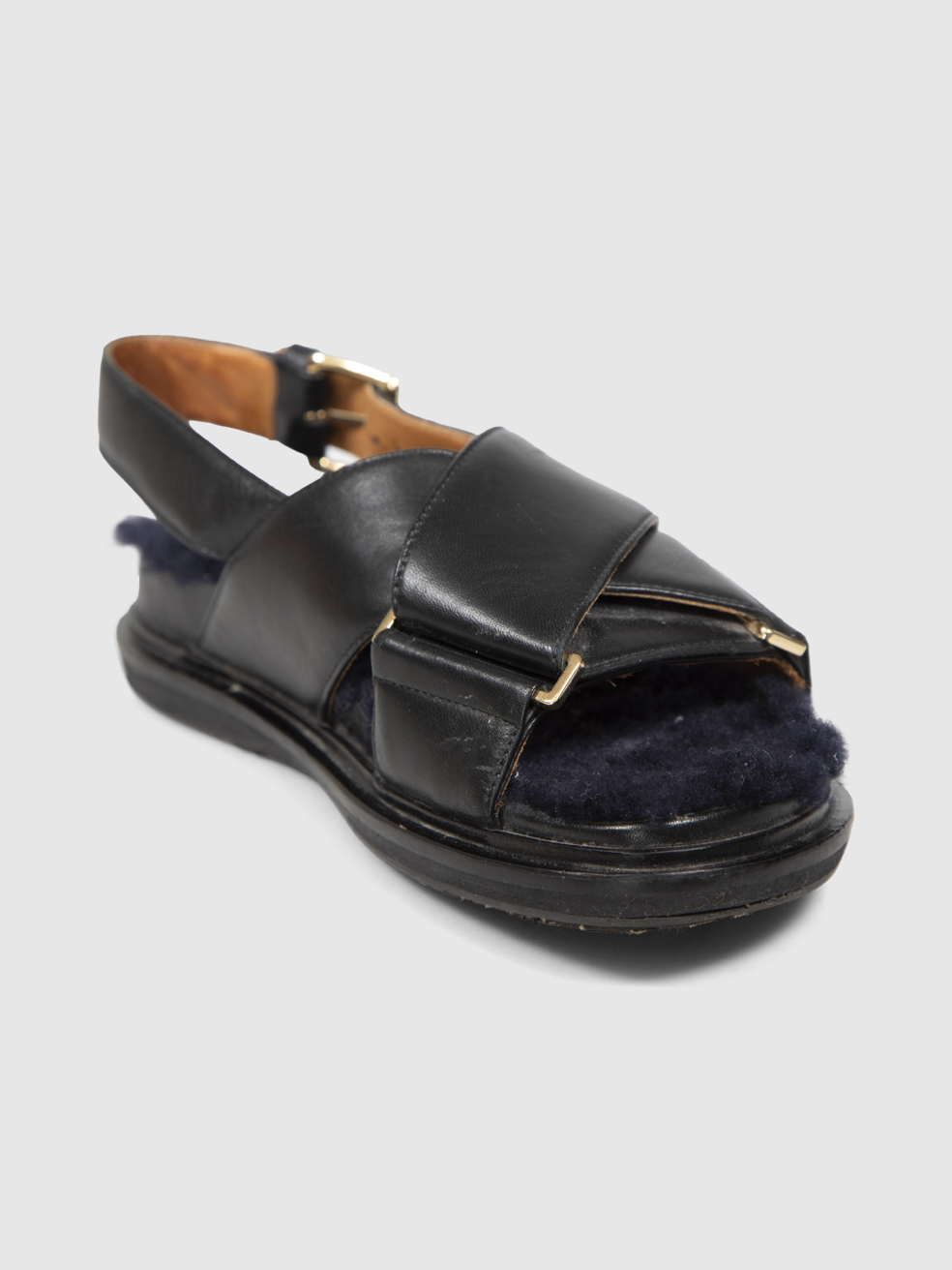 Marni Black Leather Shearling Sole Sandals