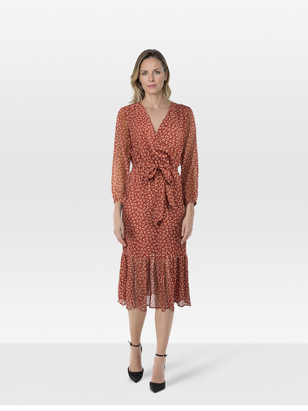 J.Crew Pre-Owned Brick Red Floral Print Midi Belted Dress