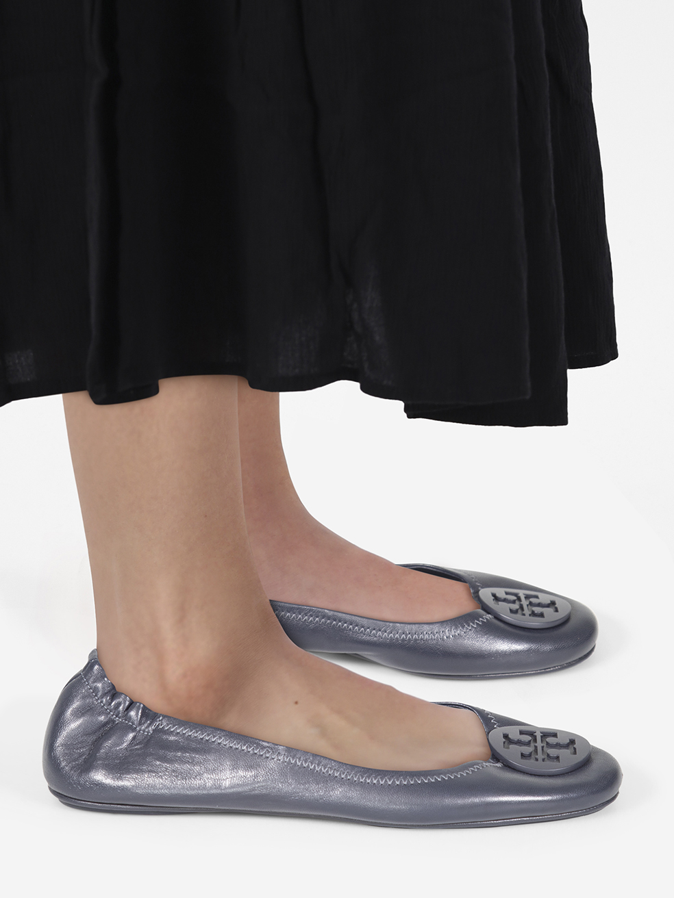 Tory Burch Navy Leather Ballerina Logo Flats