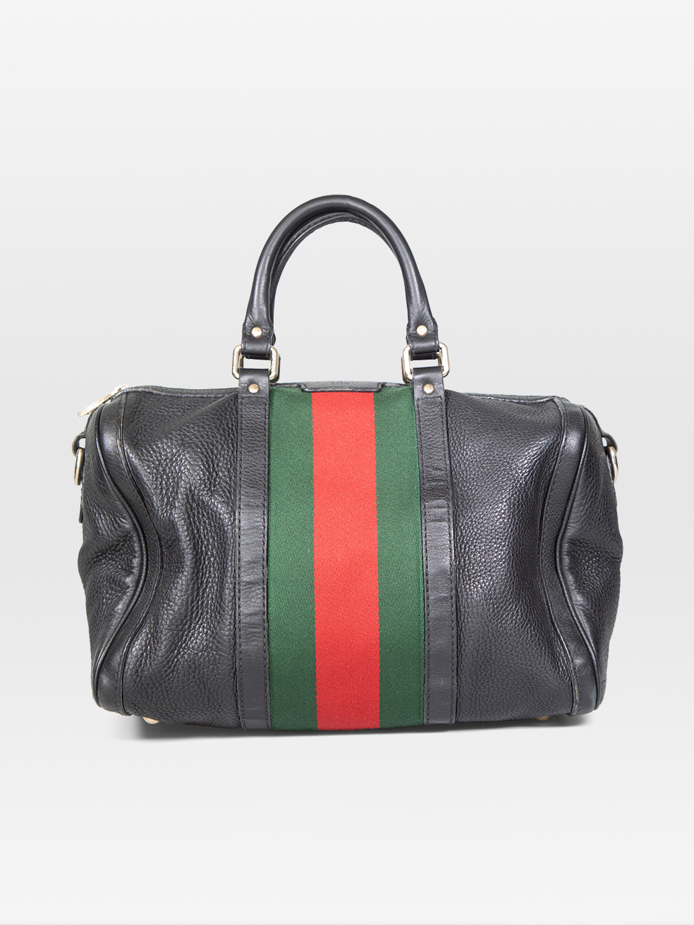 Gucci Pre-Owned Black Leather Web Stripe Boston Bag