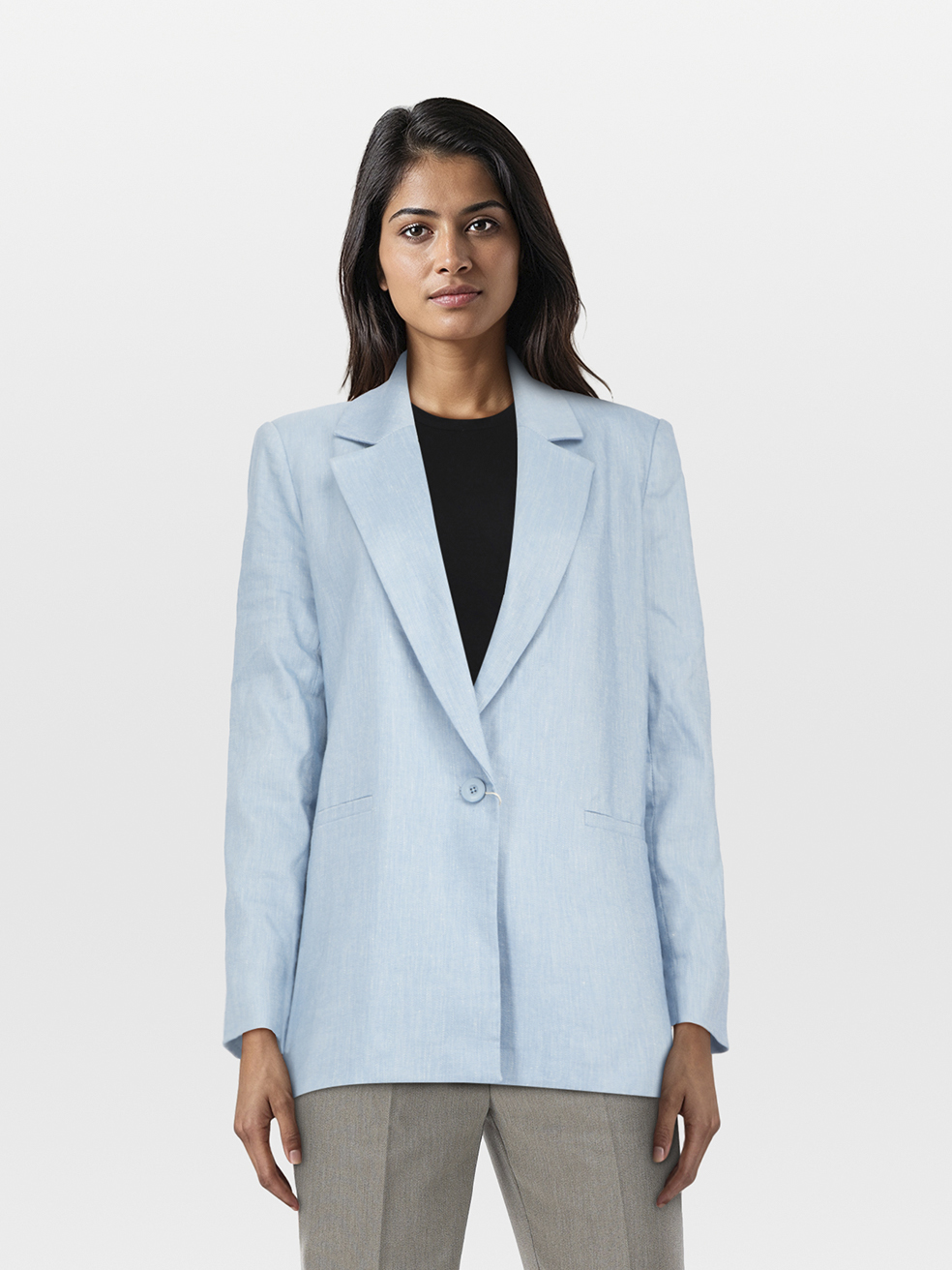 Alice + Olivia Blue Linen Single Breasted Blazer
