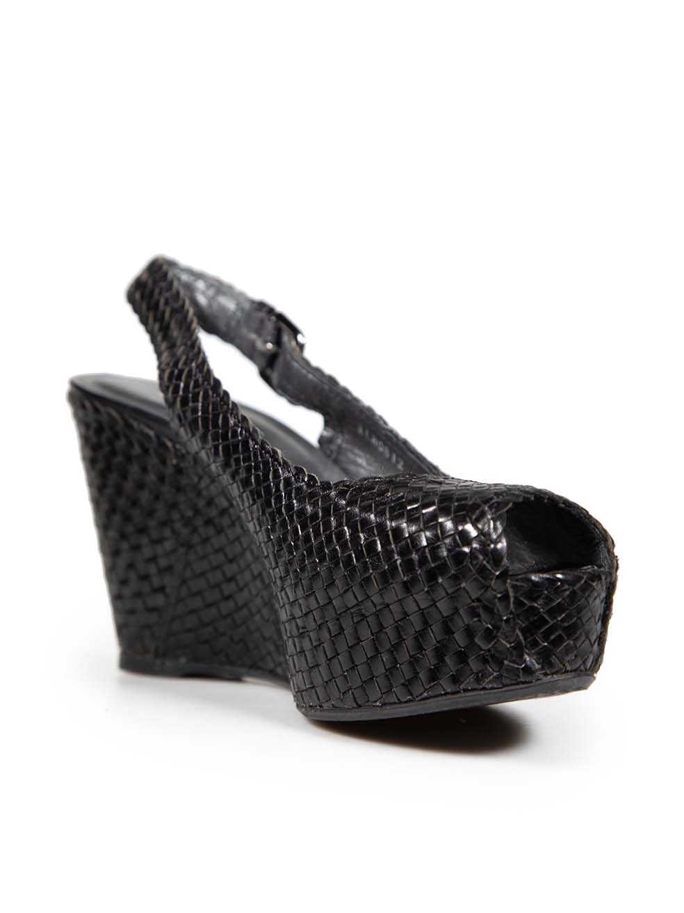 Stuart Weitzman Black Leather Woven Wedge Sandals