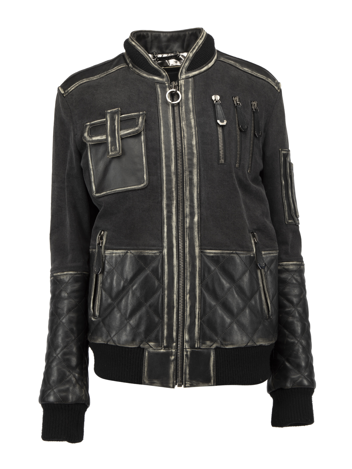 Philipp Plein Pre-Owned Dark Grey Cotton Bomber with Calf Leather Matelasse Details