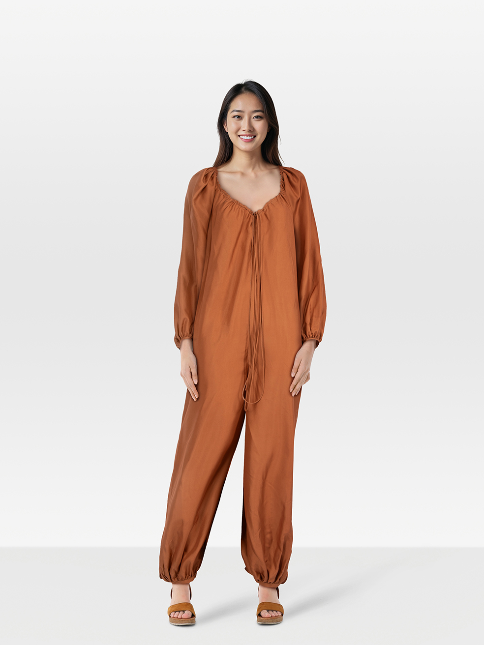 Three Graces London Pre-Owned Brown Silk Ruched Jumpsuit
