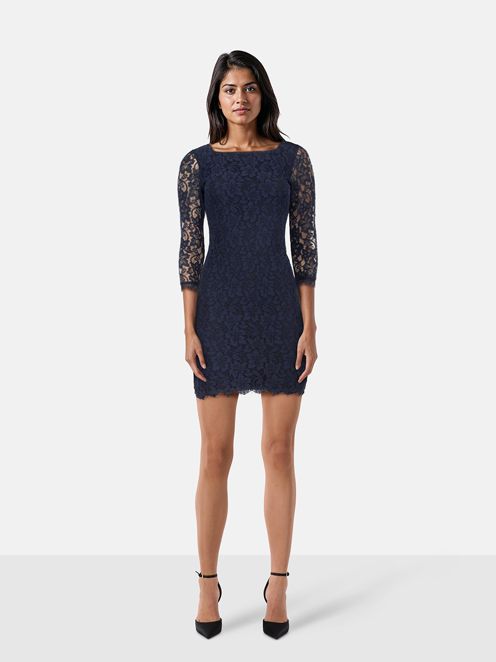 Diane Von Furstenberg Navy Lace Mid Sleeve Dress