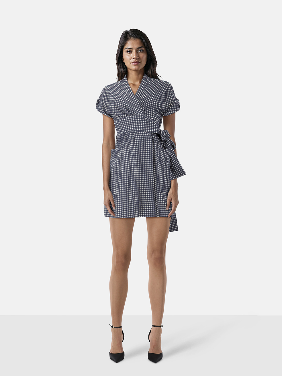 Three Graces London Navy Gingham Wrap Dress