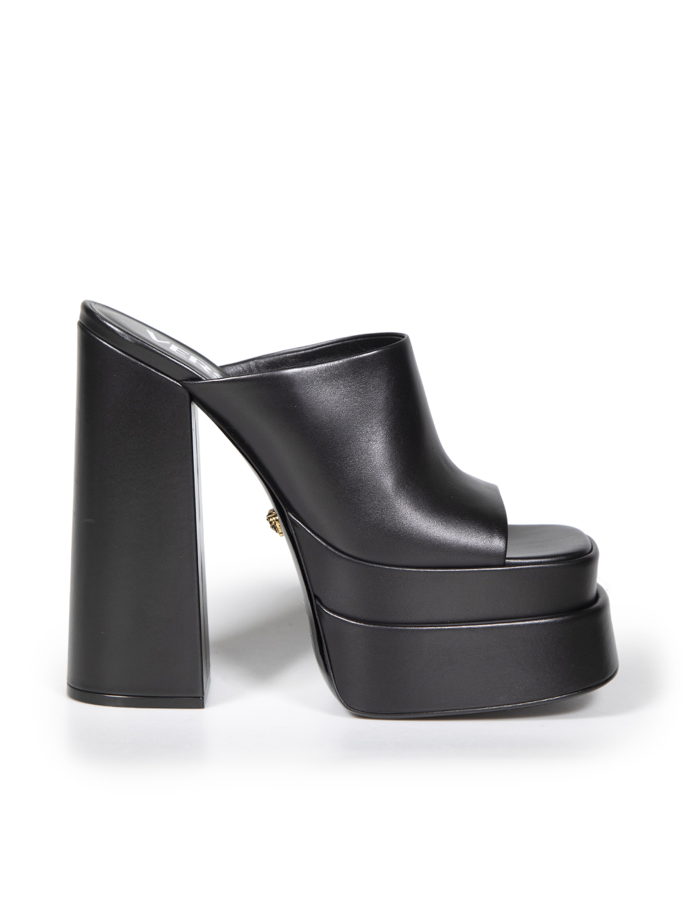 Versace Black Leather Platform Open Toe Mules