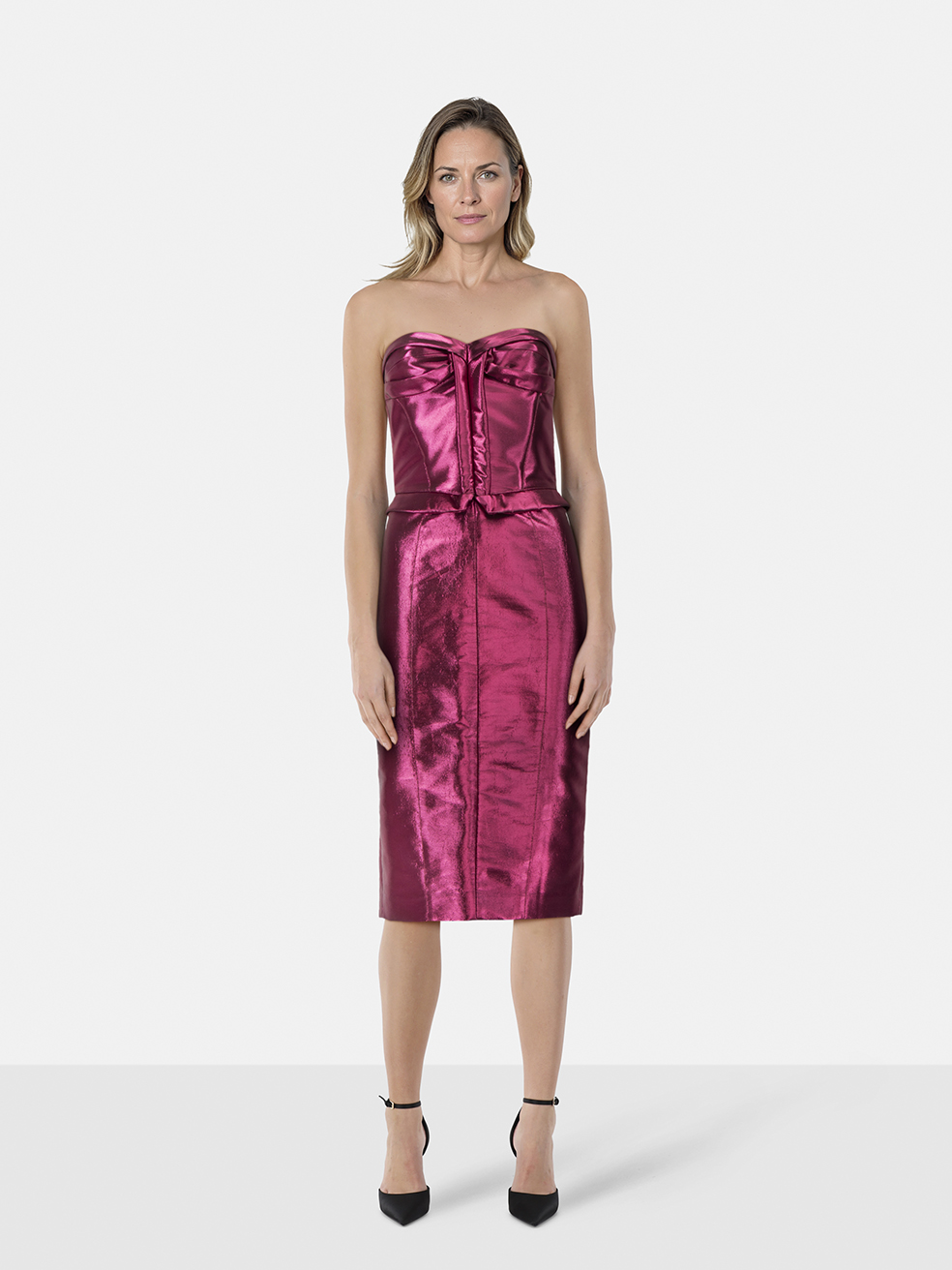 Burberry Pink Metallic Midi Strapless Dress