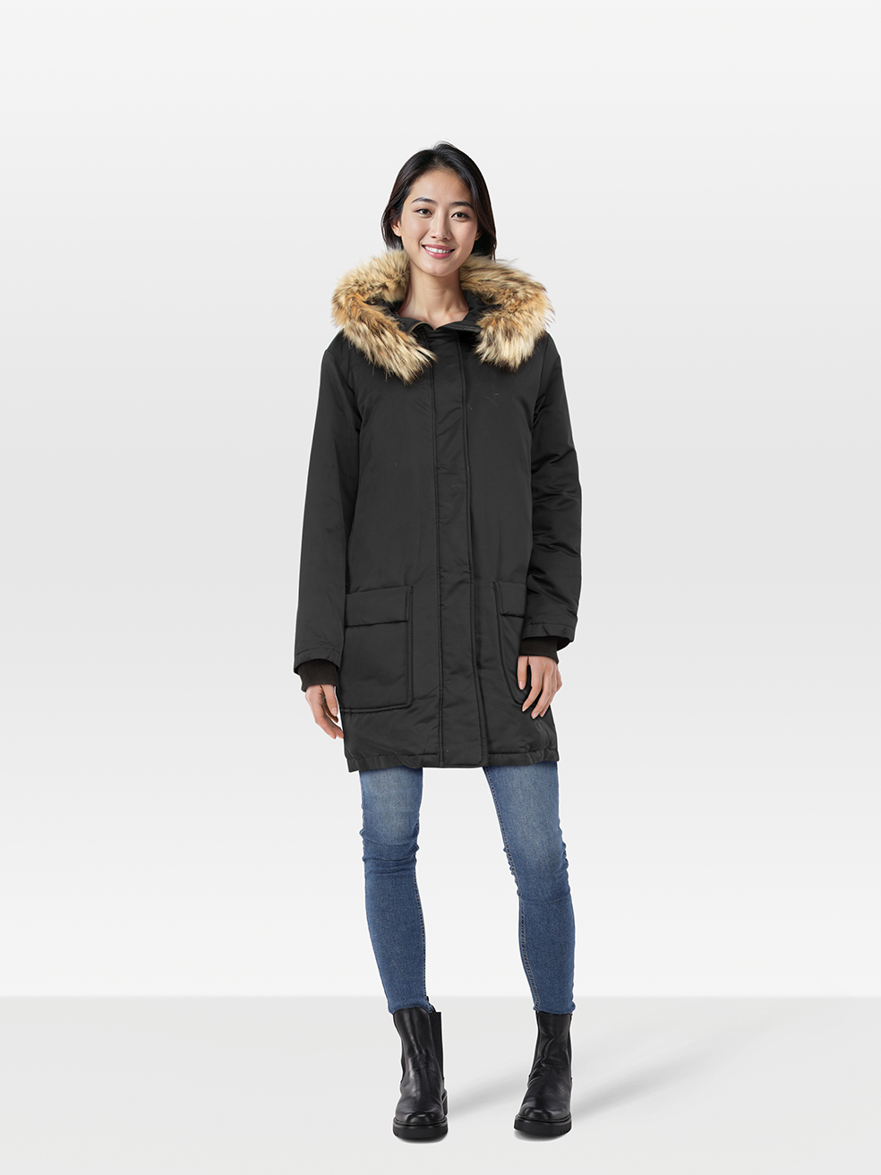 Theory Pre-Owned Black Coyote Fur Trim Parka Coat