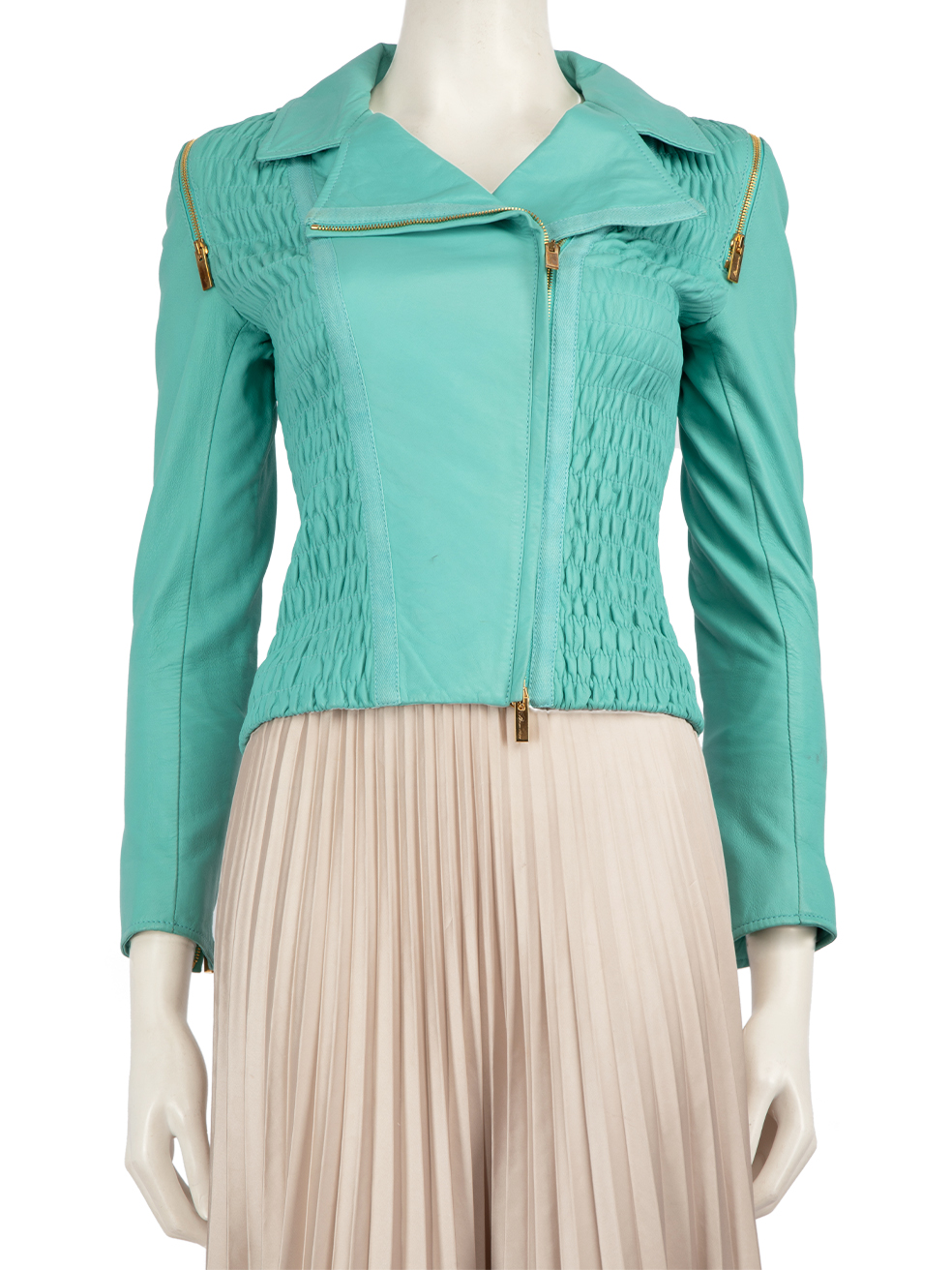 Blumarine Pre-Owned Turquoise Leather Ruched Biker Jacket