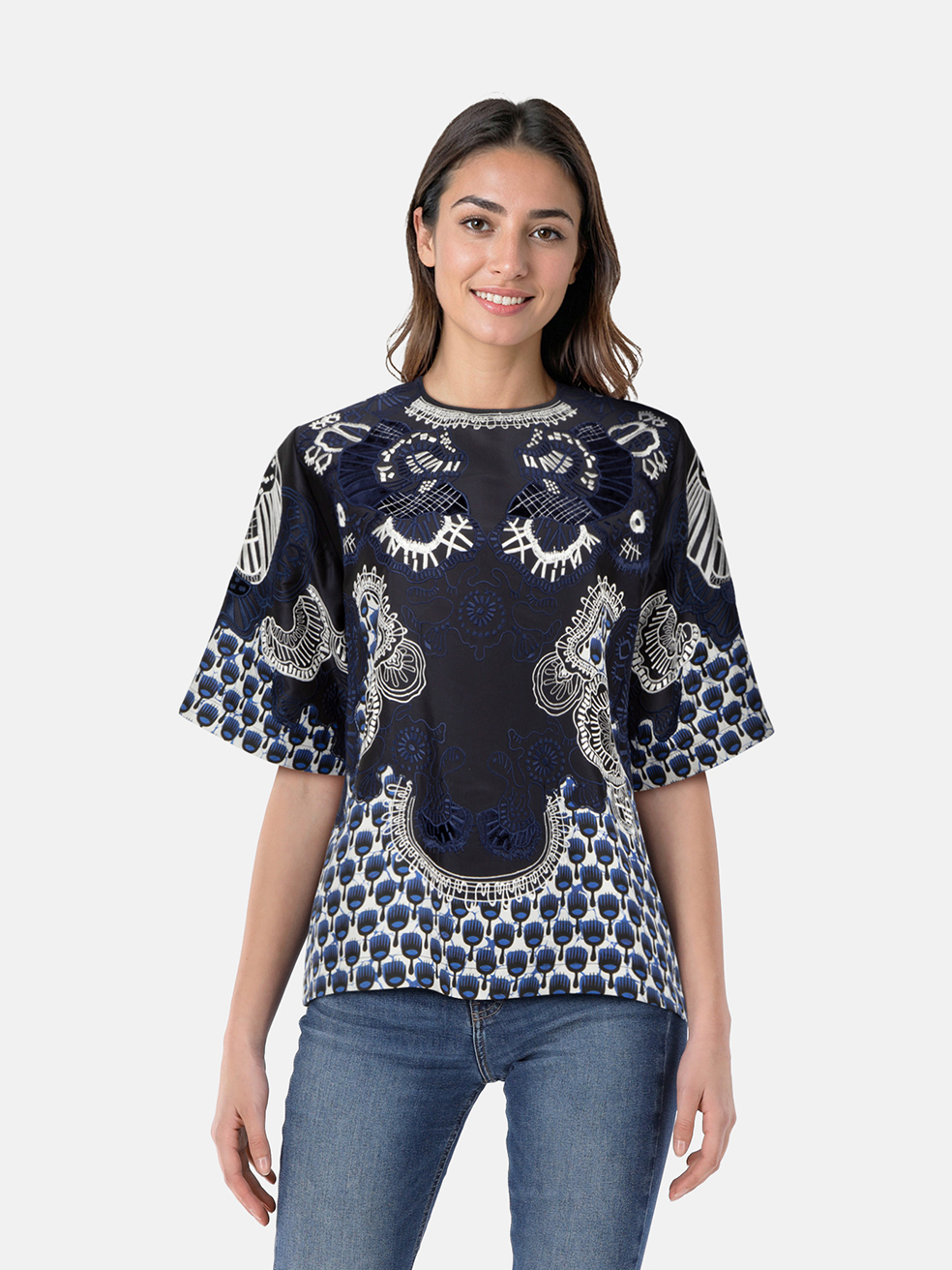 Biyan Women's Navy Silk Embroidered Short Sleeve Blouse