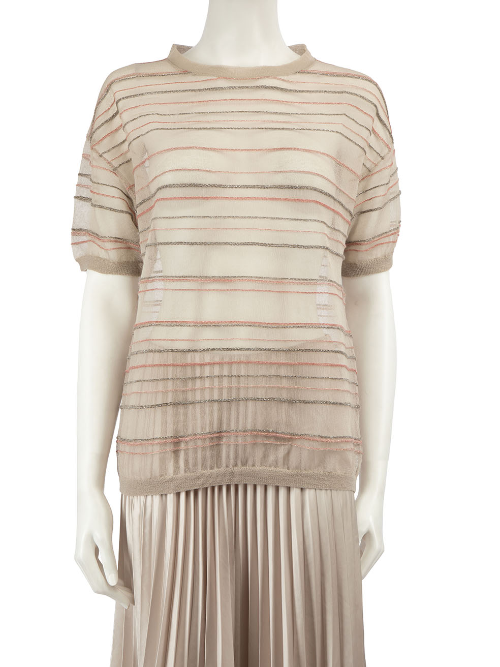 Brunello Cucinelli Pre-Owned Beige Mesh Striped Metallic Top