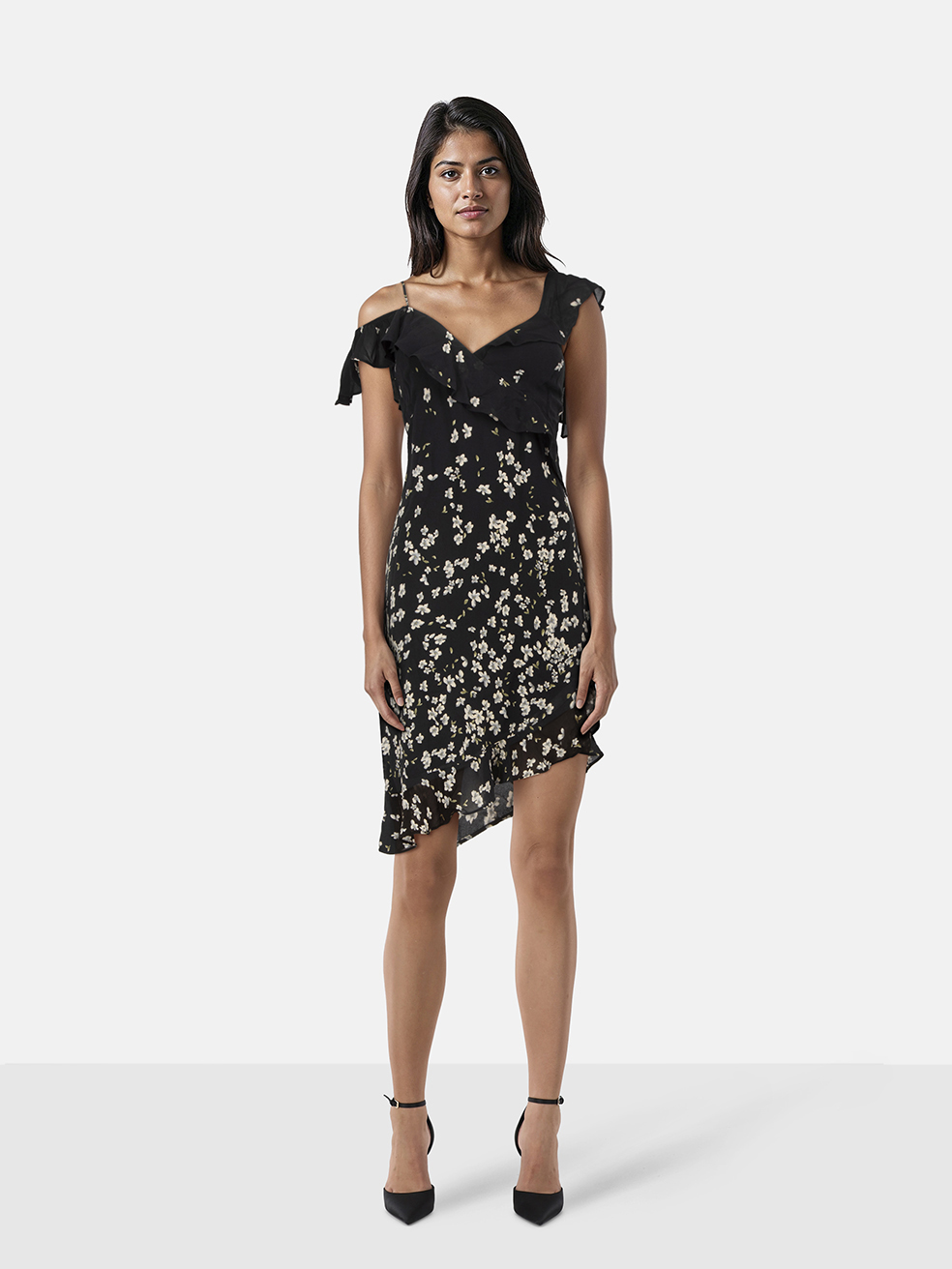 Reformation Black Floral Ruffle Dress