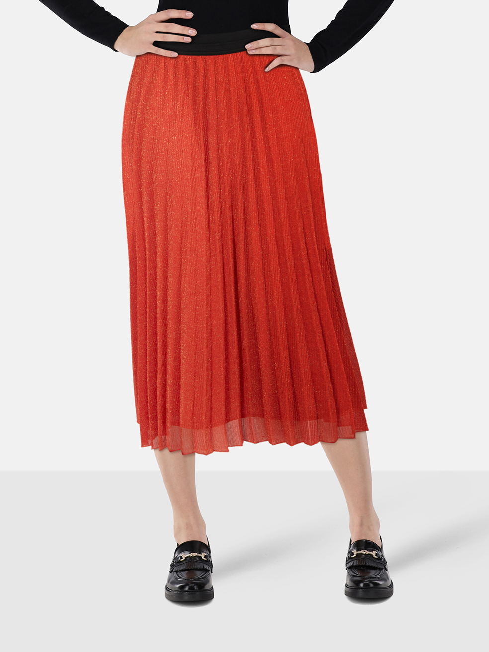 Maje Orange Metallic Pleated Midi Skirt