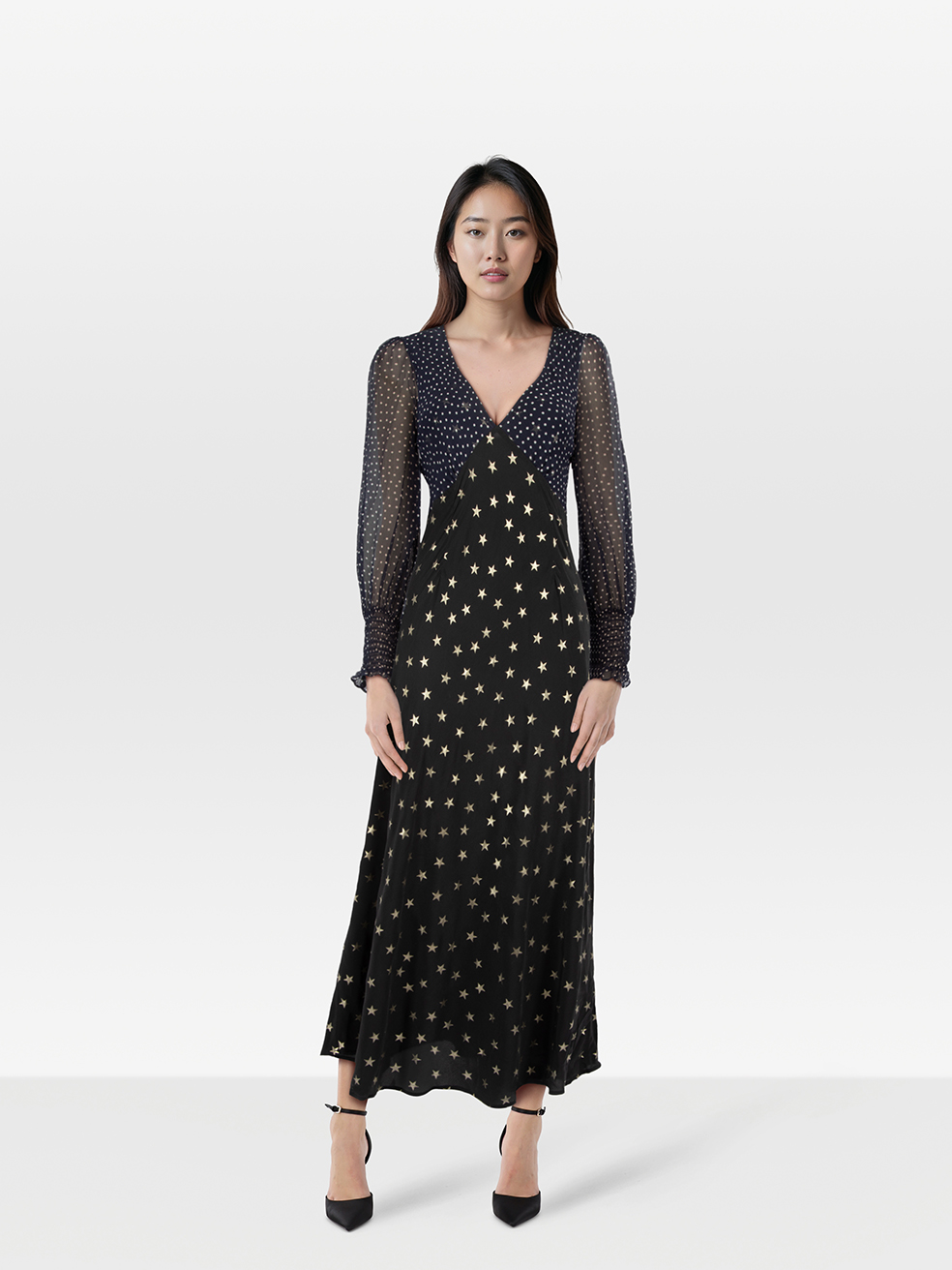 Rixo Pre-Owned Black Silk Metallic Star Patterned Dress