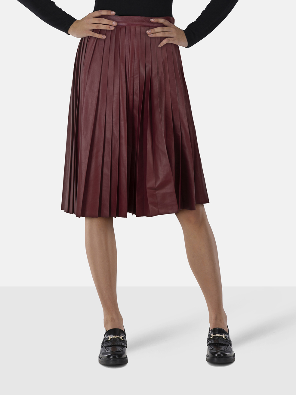 Prada Burgundy Leather Pleated Midi Skirt