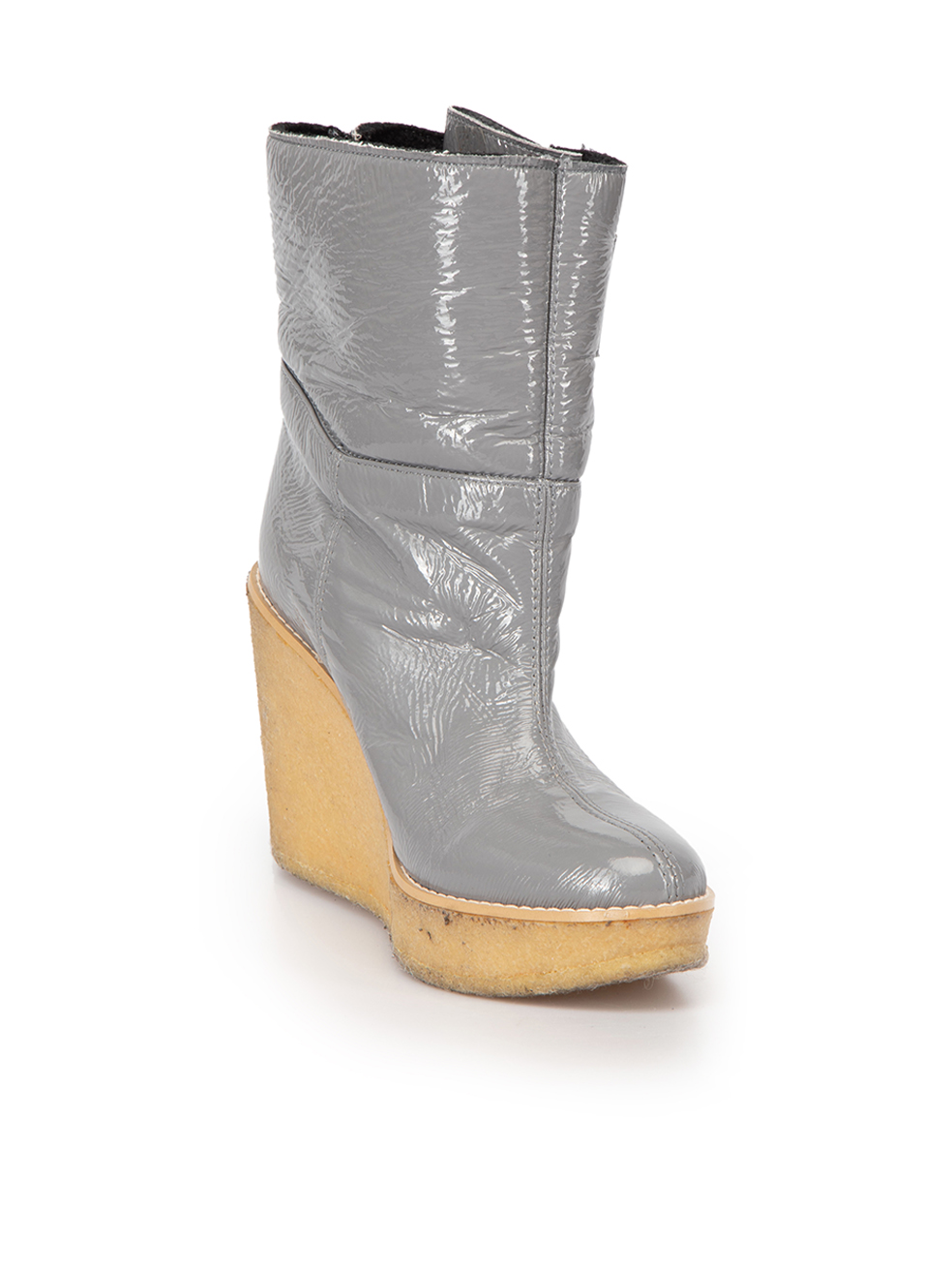 Stella Mccartney Women's Grey Vegan Patent Faux Shearling Wedge Boots