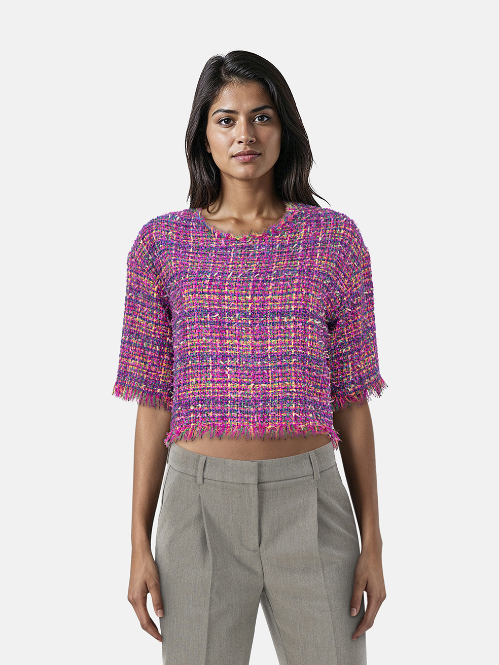 Balmain Pink Tweed Short Sleeve Blouse