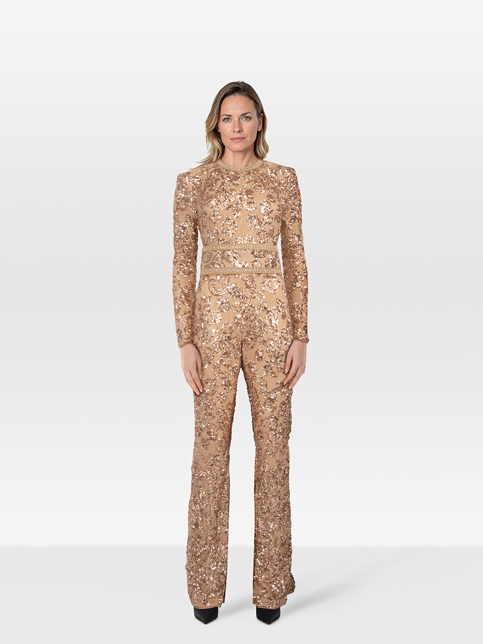 Nadine Merabi Pre-Owned Rose Gold Sequin Belted Jumpsuit
