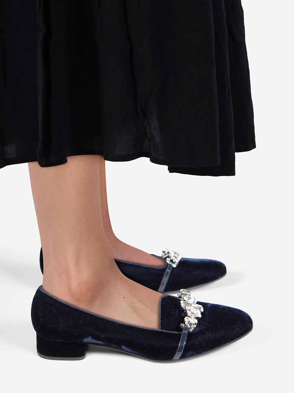 Miu Miu Pre-Owned Navy Velvet Embellished Flat Shoes