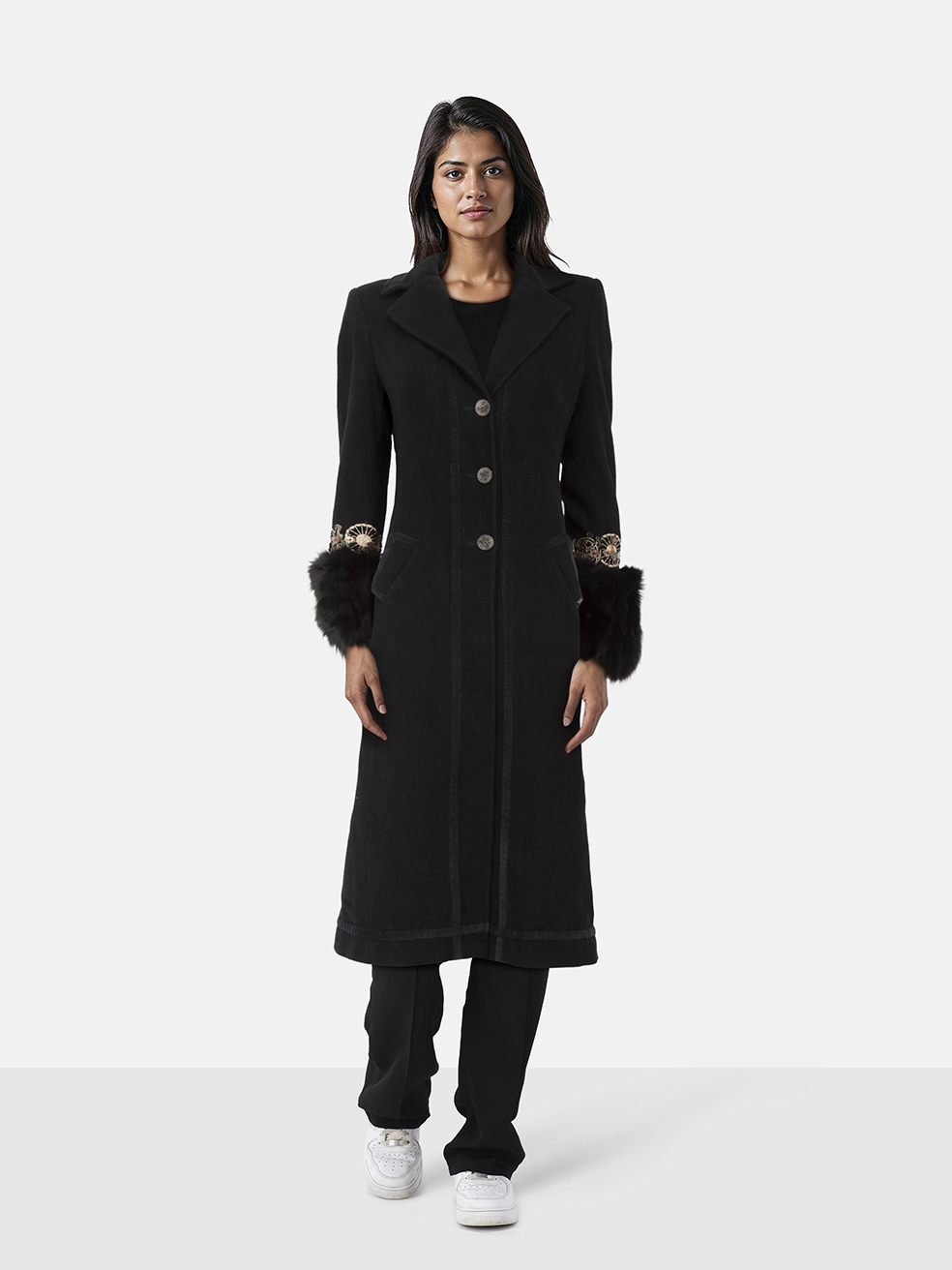 John Galliano Black Wool Fox Fur Cuff Long Coat