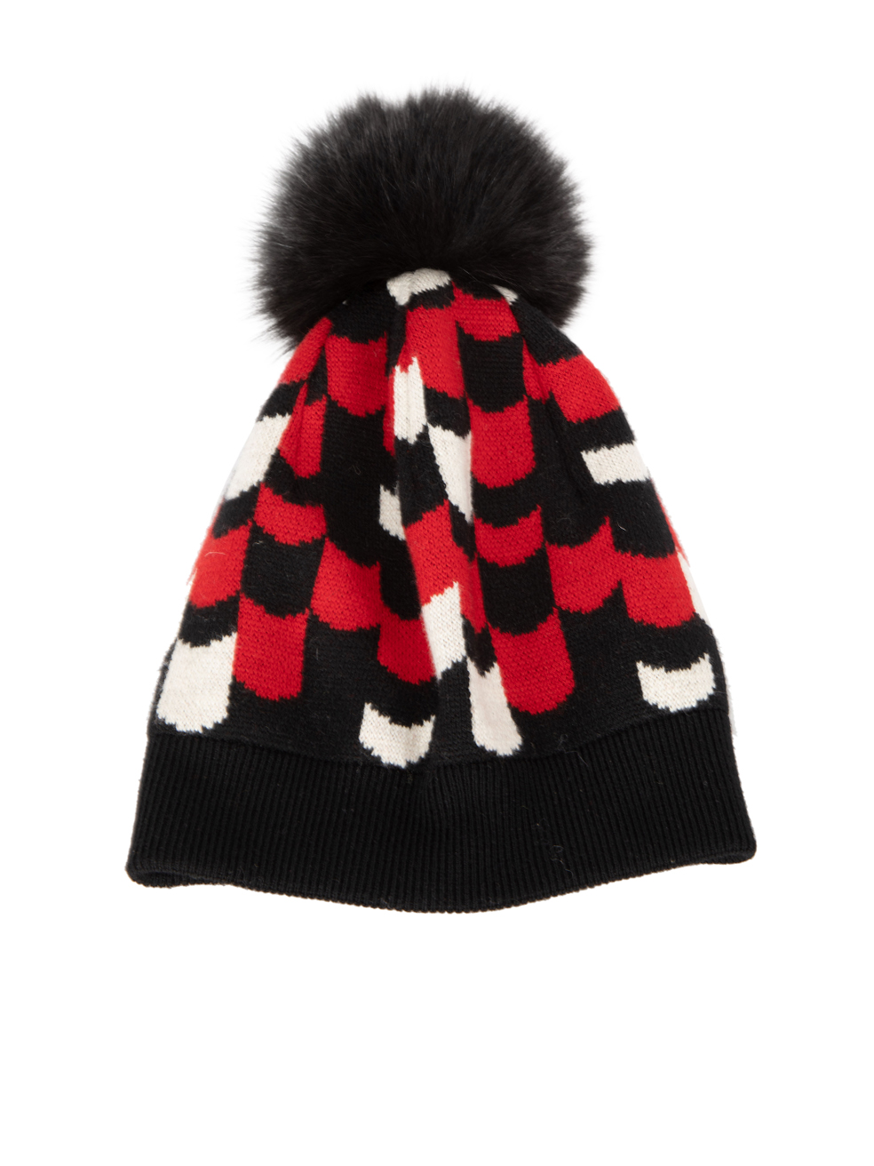 Prada Pre-Owned Black & Red Patterned Fur Pom Pom Beanie