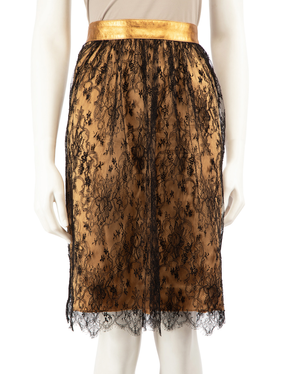 Dolce & Gabbana Lace Overlay Leather Trim Skirt