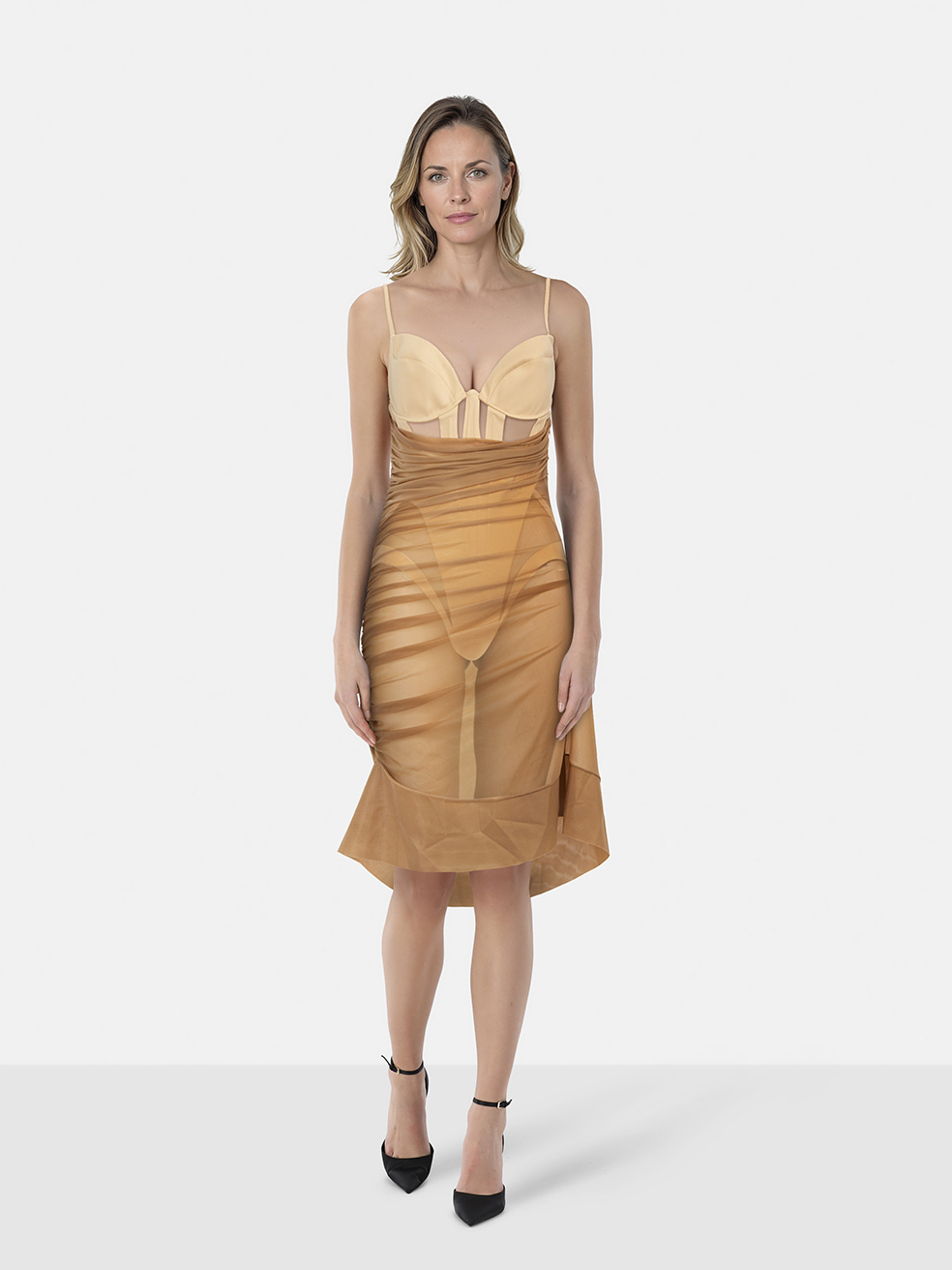 Mugler Women's Beige Sheer Draped Corset Dress