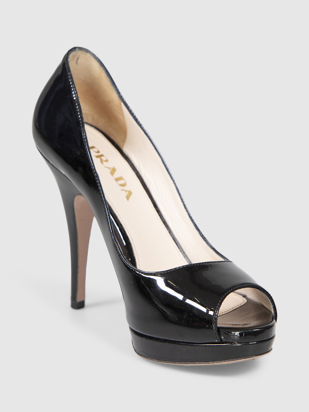 Prada Women's Black Patent Leather Peep Toe Heels